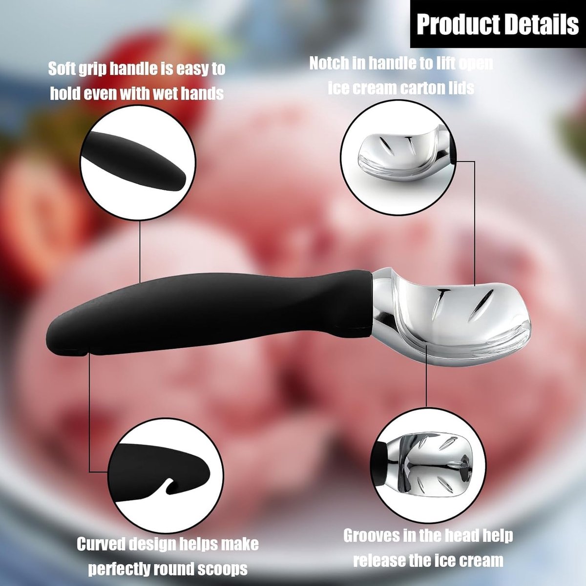 Stainless steel ice cream scoop - 19x5x3cm - ice cream scoop - spoon - comfortable handle - ice cream measuring spoon - for ice cream, melon, meatballs, cake, cookie dough, rice - black - Image 3