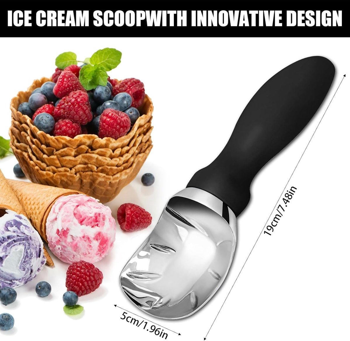 Stainless steel ice cream scoop - 19x5x3cm - ice cream scoop - spoon - comfortable handle - ice cream measuring spoon - for ice cream, melon, meatballs, cake, cookie dough, rice - black - Image 5