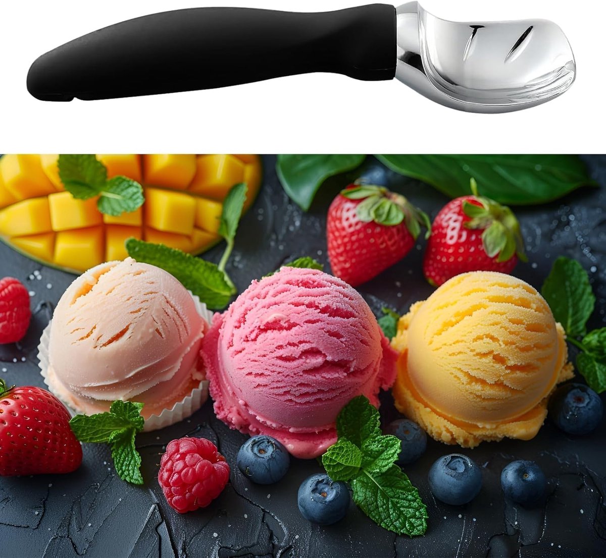 Stainless steel ice cream scoop - 19x5x3cm - ice cream scoop - spoon - comfortable handle - ice cream measuring spoon - for ice cream, melon, meatballs, cake, cookie dough, rice - black - Image 6