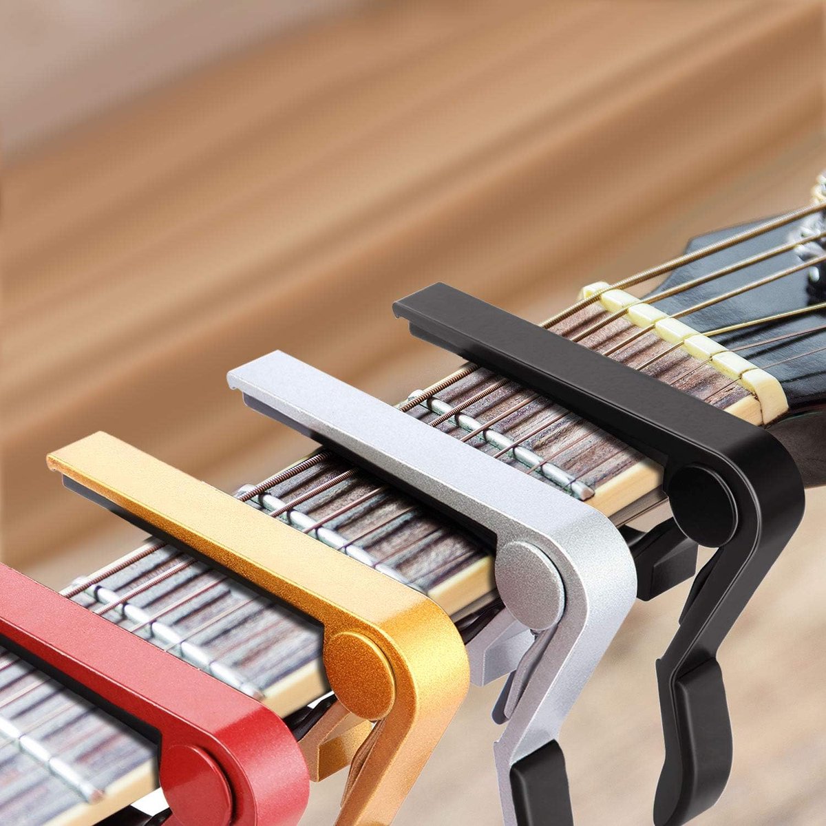 Pieces Guitar Capos - Universal Capos - Guitar Capo Clamps - Aluminum Metal - Suitable for acoustic and classical electric guitars, bass, banjo, violin, mandolin, ukulele, all types of lightweight string instruments - Black, Red, Silver, Gold - Image 2