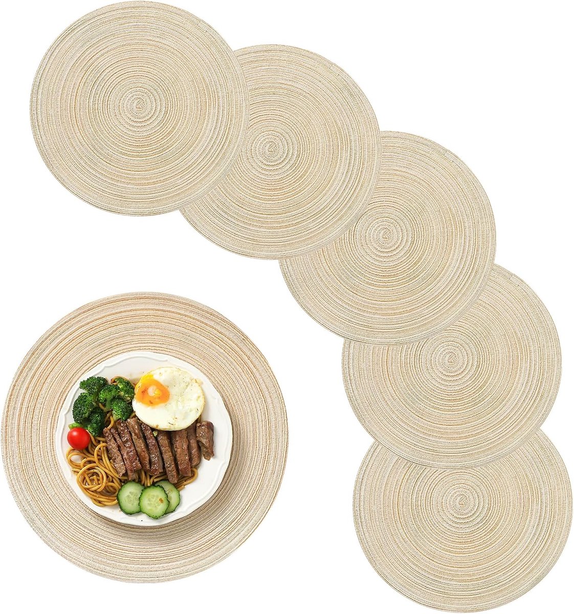 6 pieces - Table mats - Placemats - Round placemats - washable cotton placemats - round braided placemats - Round table mats - Woven placemats - Round placemats - beige - 38*38 cm - Image 1