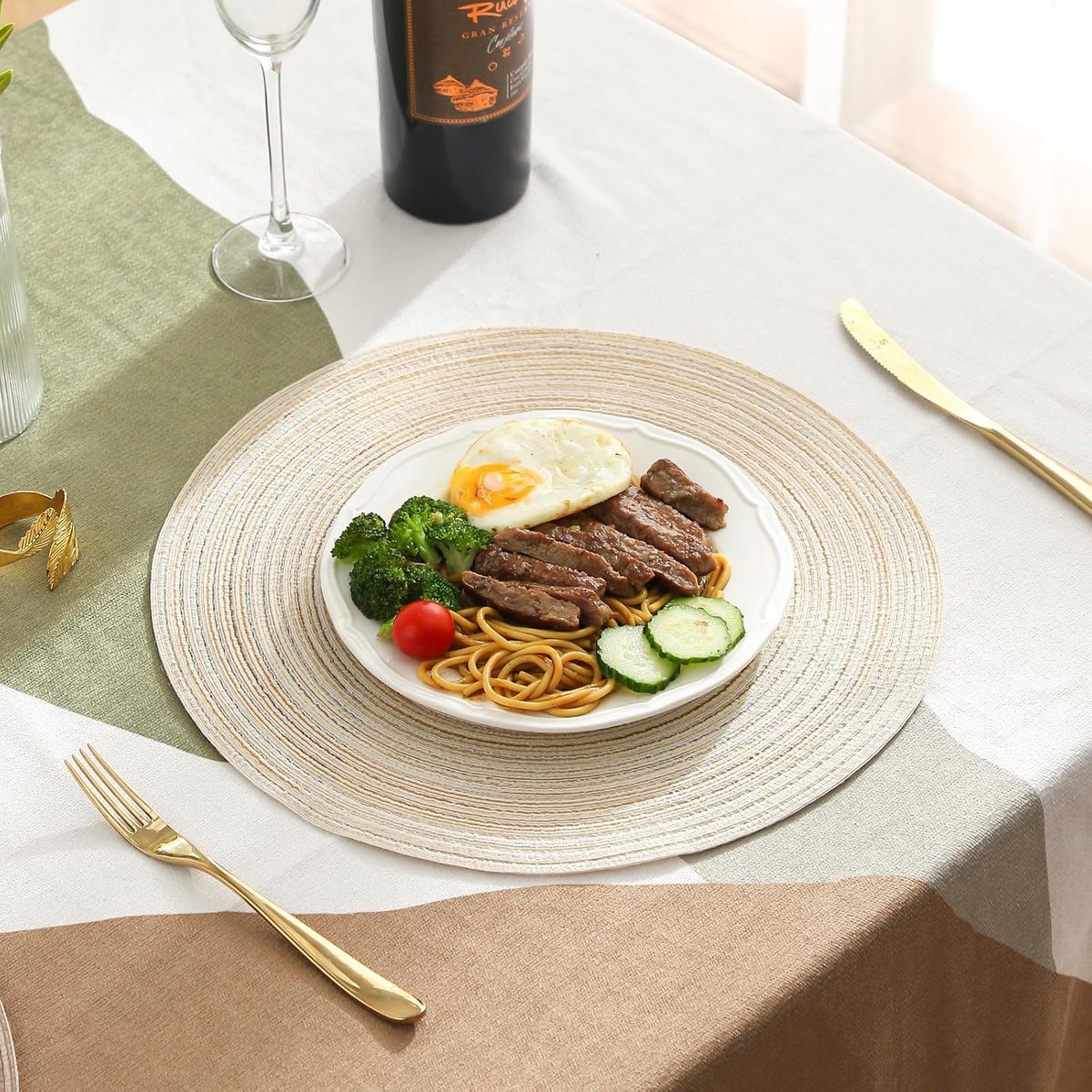 6 pieces - Table mats - Placemats - Round placemats - washable cotton placemats - round braided placemats - Round table mats - Woven placemats - Round placemats - beige - 38*38 cm - Image 4