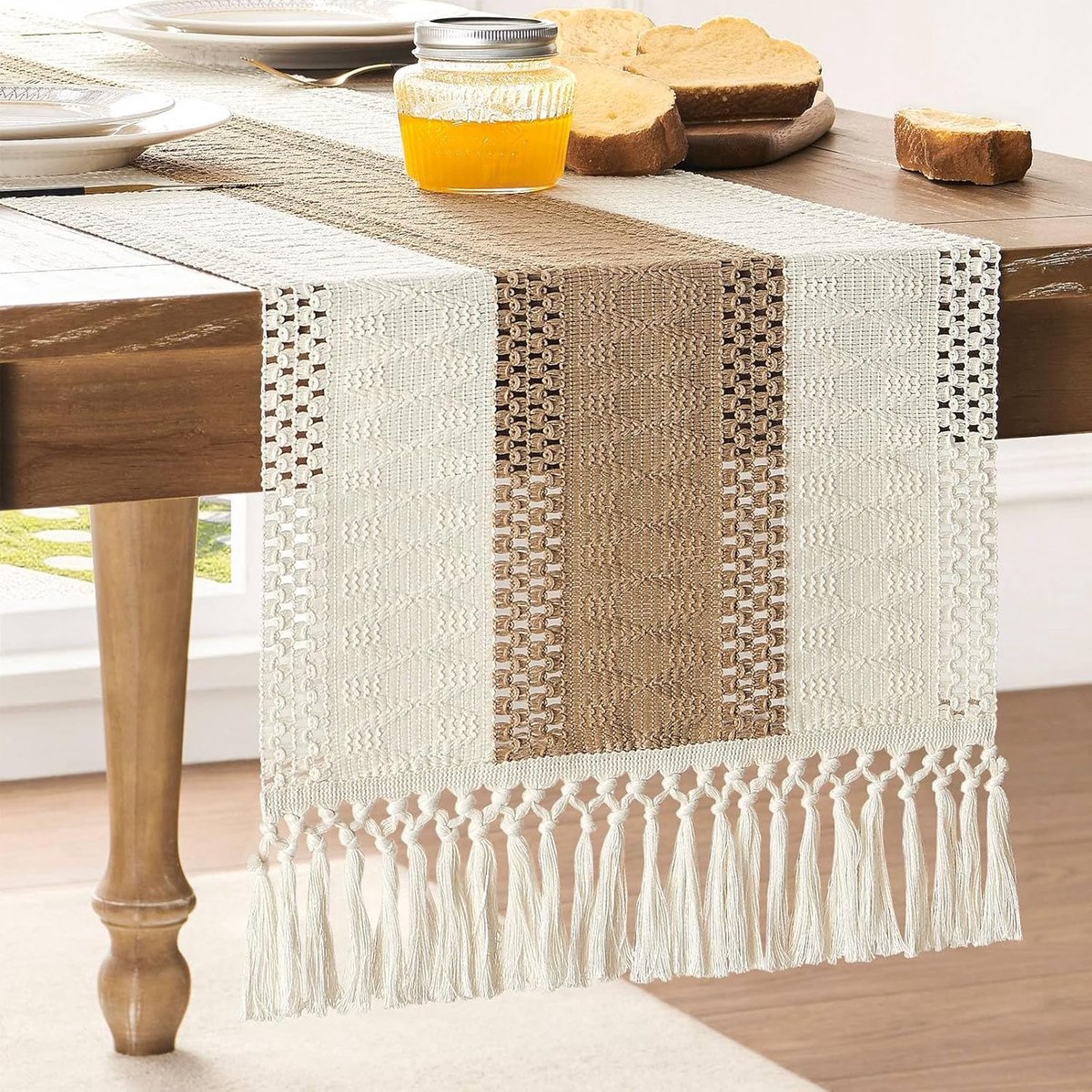 Table Runner - 30 x 183 cm - Bohemian Table Runner - Macrame Style Bicolor Stitching Table Runner - Small Dinner Tablecloth - Boho Neutral Table Runners - Farmhouse Woven Home Decor - Image 1