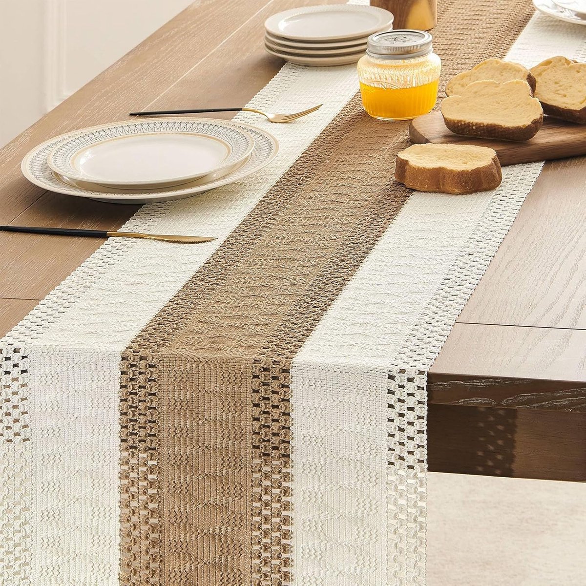 Table Runner - 30 x 183 cm - Bohemian Table Runner - Macrame Style Bicolor Stitching Table Runner - Small Dinner Tablecloth - Boho Neutral Table Runners - Farmhouse Woven Home Decor - Image 2