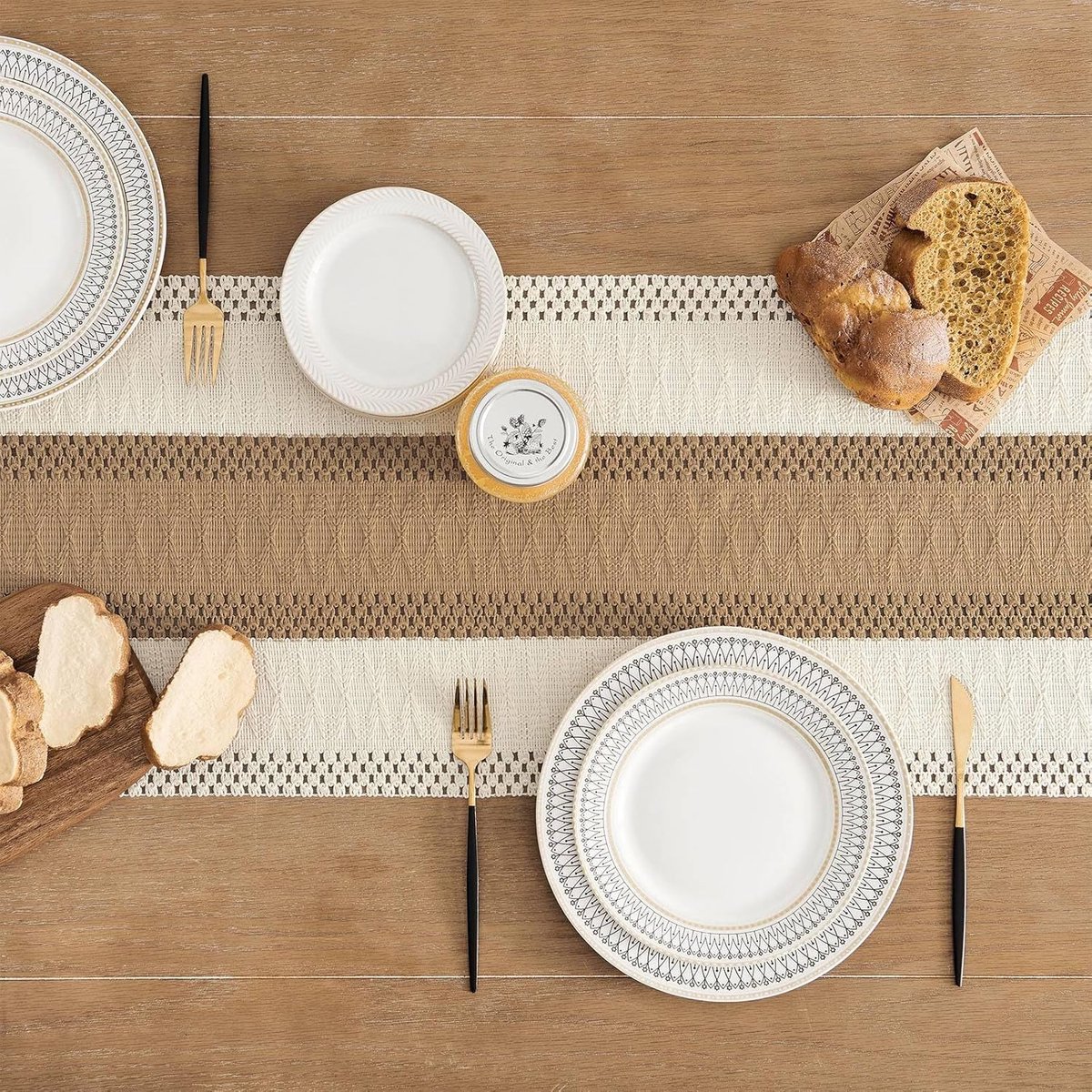 Table Runner - 30 x 183 cm - Bohemian Table Runner - Macrame Style Bicolor Stitching Table Runner - Small Dinner Tablecloth - Boho Neutral Table Runners - Farmhouse Woven Home Decor - Image 4