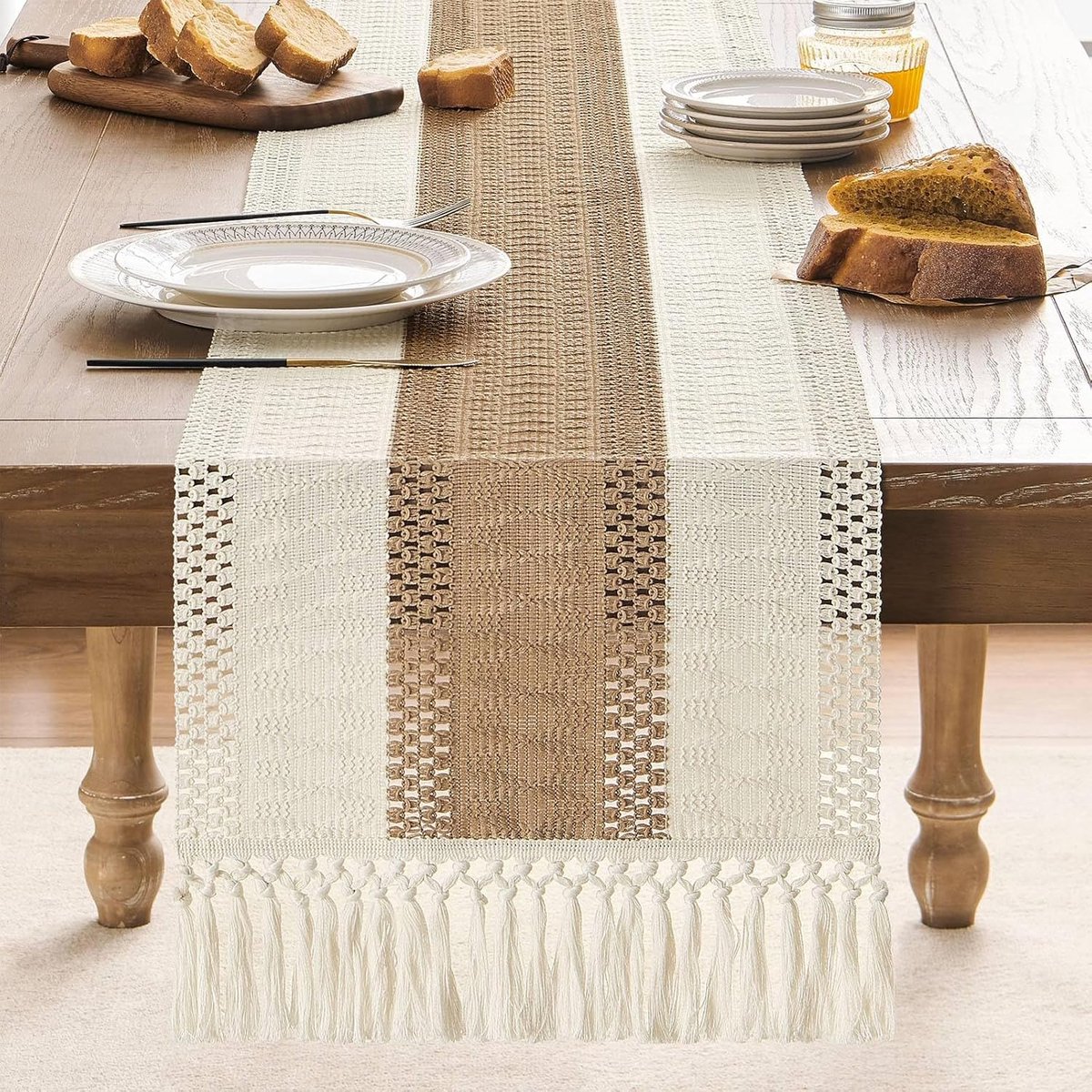 Table Runner - 30 x 183 cm - Bohemian Table Runner - Macrame Style Bicolor Stitching Table Runner - Small Dinner Tablecloth - Boho Neutral Table Runners - Farmhouse Woven Home Decor - Image 5