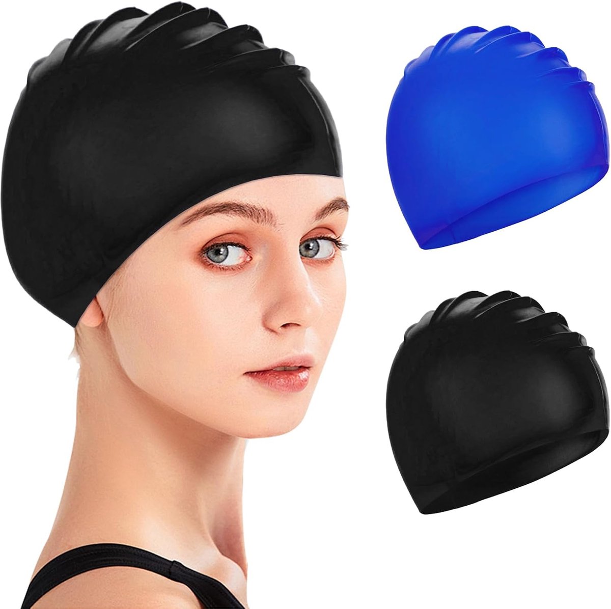 pieces - swimming cap - 23*20 cm - silicone swimming caps - hearing protection - waterproof swimming hat - keep dry for long and short hair - unisex swimming caps - for adults, children and juniors - black and blue - Image 1