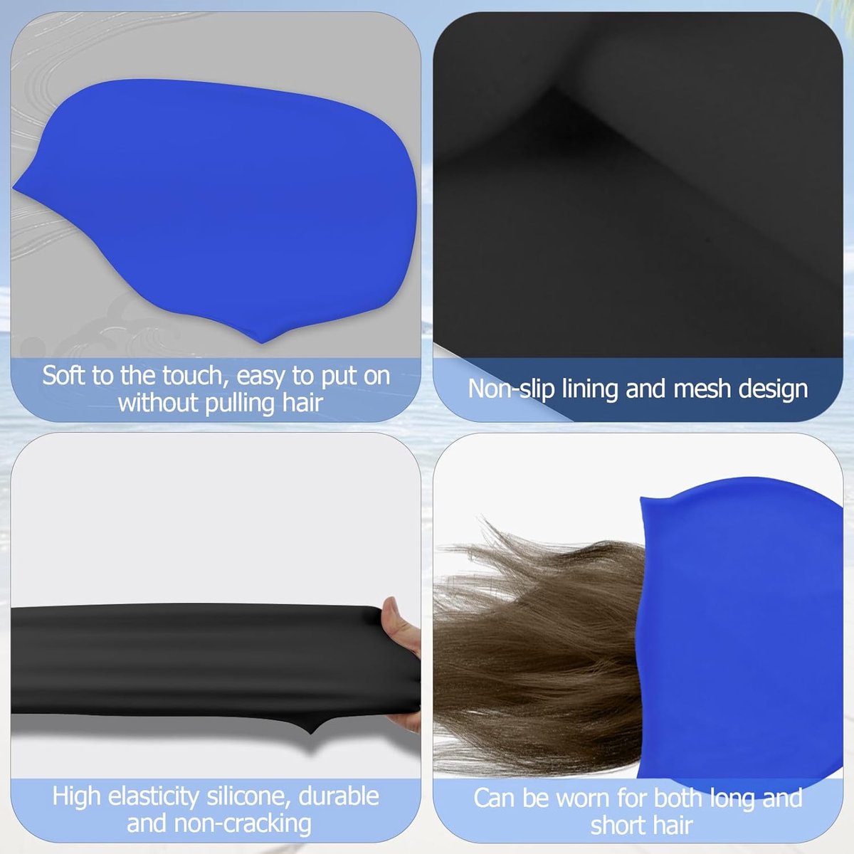 pieces - swimming cap - 23*20 cm - silicone swimming caps - hearing protection - waterproof swimming hat - keep dry for long and short hair - unisex swimming caps - for adults, children and juniors - black and blue - Image 3