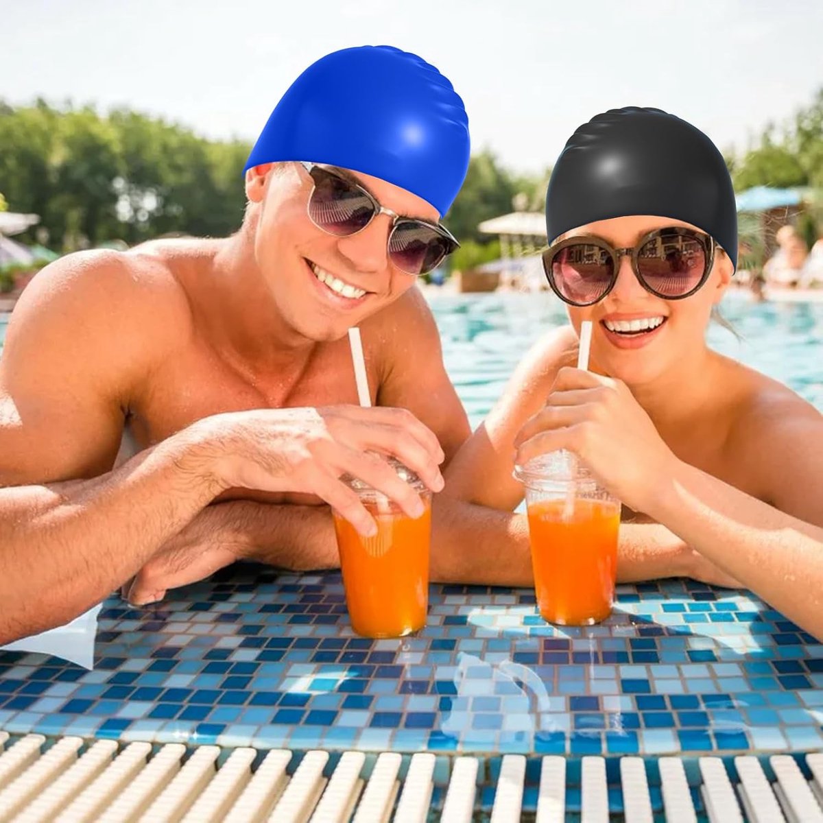 pieces - swimming cap - 23*20 cm - silicone swimming caps - hearing protection - waterproof swimming hat - keep dry for long and short hair - unisex swimming caps - for adults, children and juniors - black and blue - Image 4