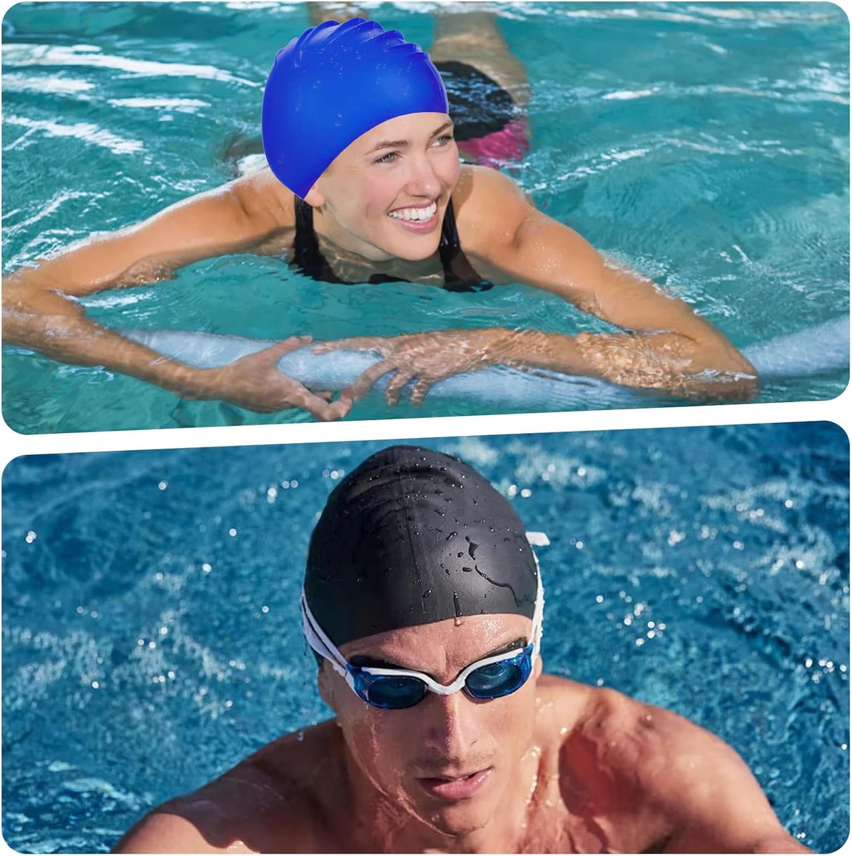 pieces - swimming cap - 23*20 cm - silicone swimming caps - hearing protection - waterproof swimming hat - keep dry for long and short hair - unisex swimming caps - for adults, children and juniors - black and blue - Image 5