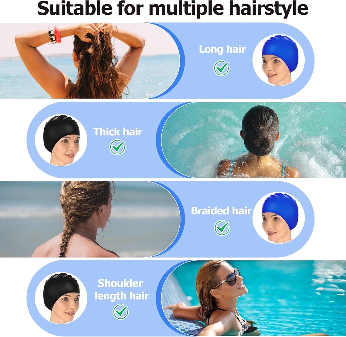 pieces - swimming cap - 23*20 cm - silicone swimming caps - hearing protection - waterproof swimming hat - keep dry for long and short hair - unisex swimming caps - for adults, children and juniors - black and blue - Image 6