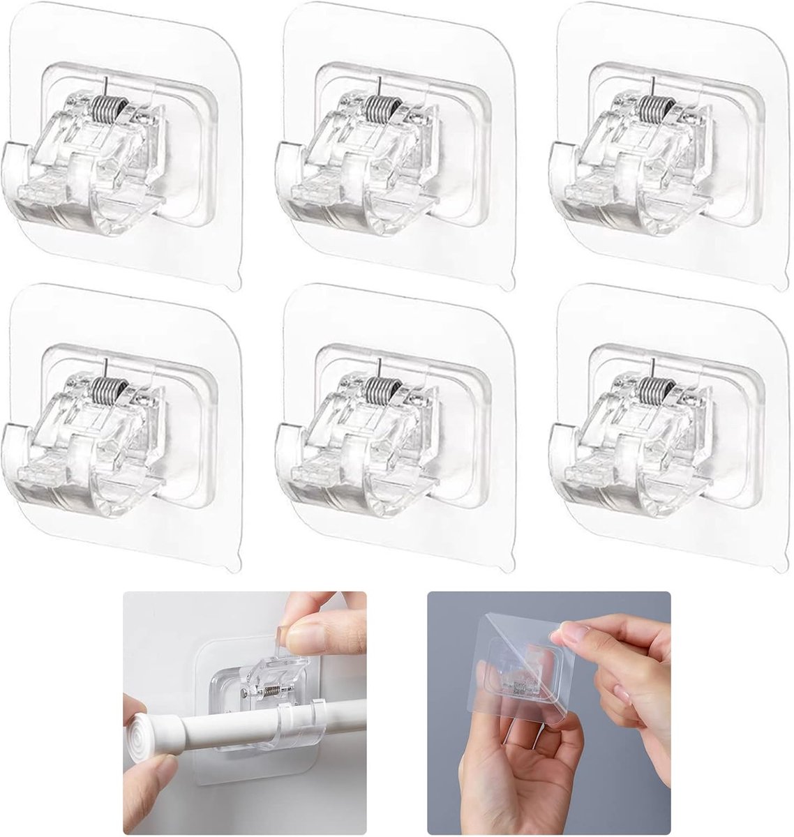 6 pieces - Curtain rod hook - 6*6 cm - drill-free curtain holders - self-adhesive curtain rod holders - drill-free curtain hooks - curtain accessories - for curtain rods, towel racks, bathrooms, kitchens - transparent - Image 1