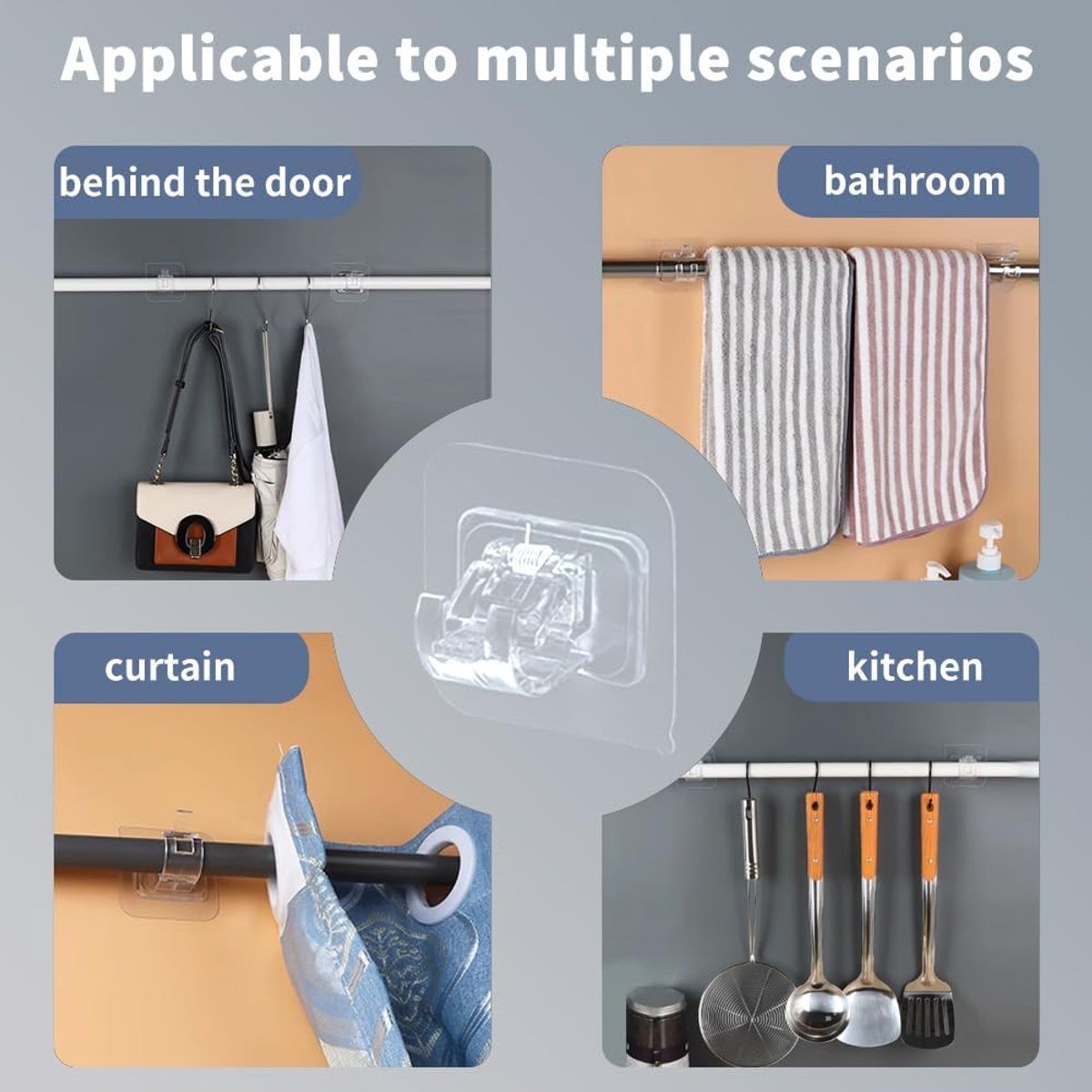 6 pieces - Curtain rod hook - 6*6 cm - drill-free curtain holders - self-adhesive curtain rod holders - drill-free curtain hooks - curtain accessories - for curtain rods, towel racks, bathrooms, kitchens - transparent - Image 3