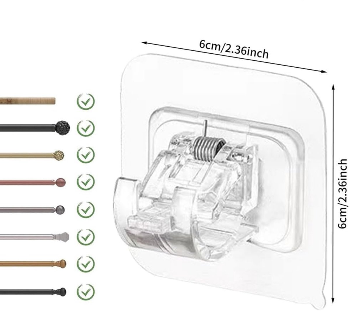 6 pieces - Curtain rod hook - 6*6 cm - drill-free curtain holders - self-adhesive curtain rod holders - drill-free curtain hooks - curtain accessories - for curtain rods, towel racks, bathrooms, kitchens - transparent - Image 5