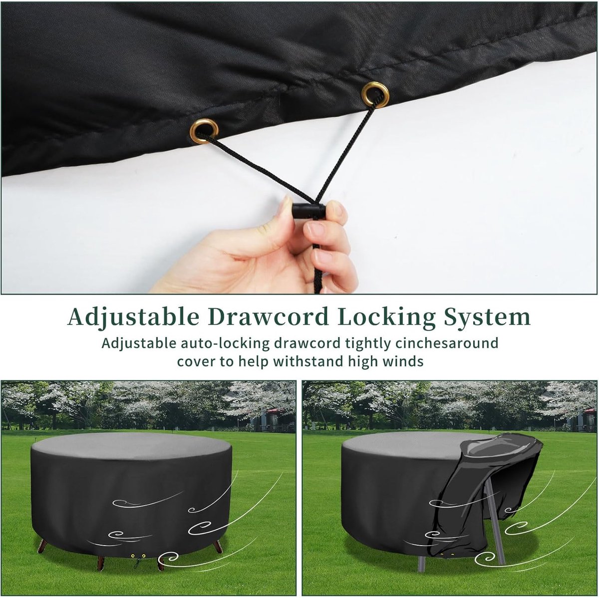 Round Cover - Waterproof - Large Round Garden Table Cover - Windproof - Anti-UV - Tough - Oxford 420D, Round Table Cover - for Garden Furniture - Black - Diameter 130 x 71 cm - Image 3