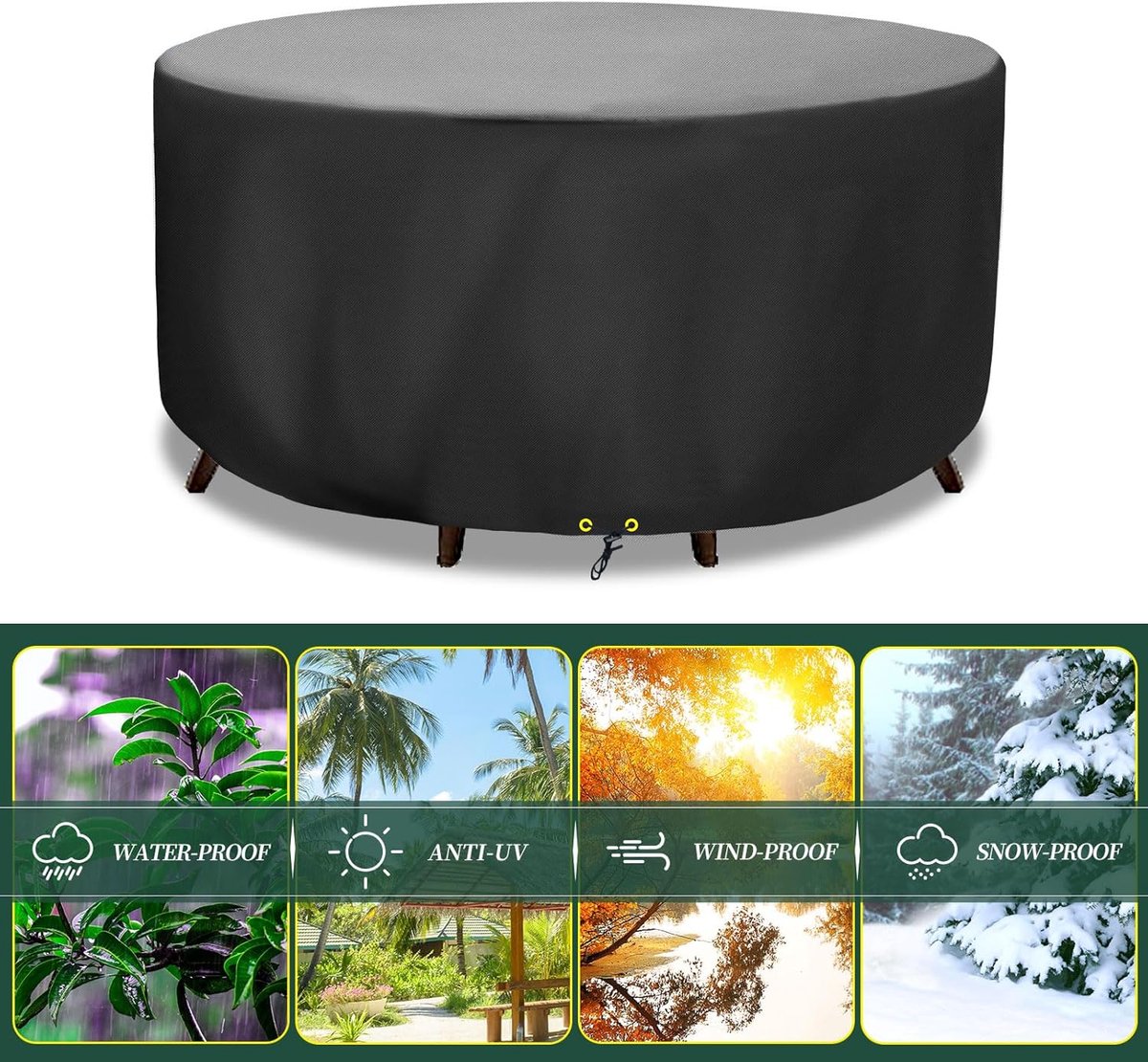 Round Cover - Waterproof - Large Round Garden Table Cover - Windproof - Anti-UV - Tough - Oxford 420D, Round Table Cover - for Garden Furniture - Black - Diameter 130 x 71 cm - Image 6
