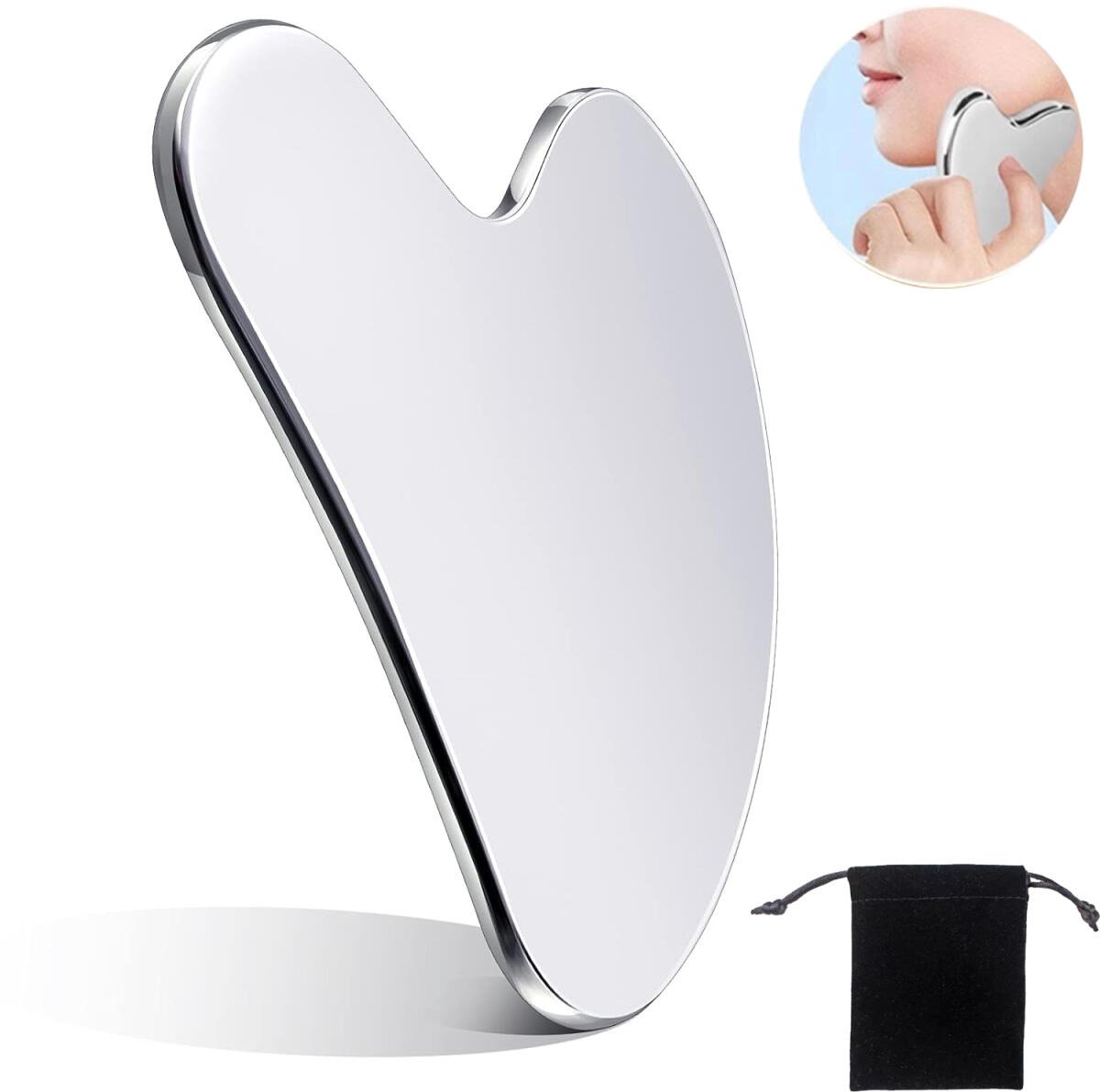 85*55mm - Stainless Steel Gua Sha Facial Instruments - Lymphatic Drainage Massage - Gua Sha for the Face - Metal Gua Sha - Skin Self-Care - Facial Sculpting Gua Sha - for the Body, Eyes, Jawline Shaper - with Dust Bag - Silver - Image 1