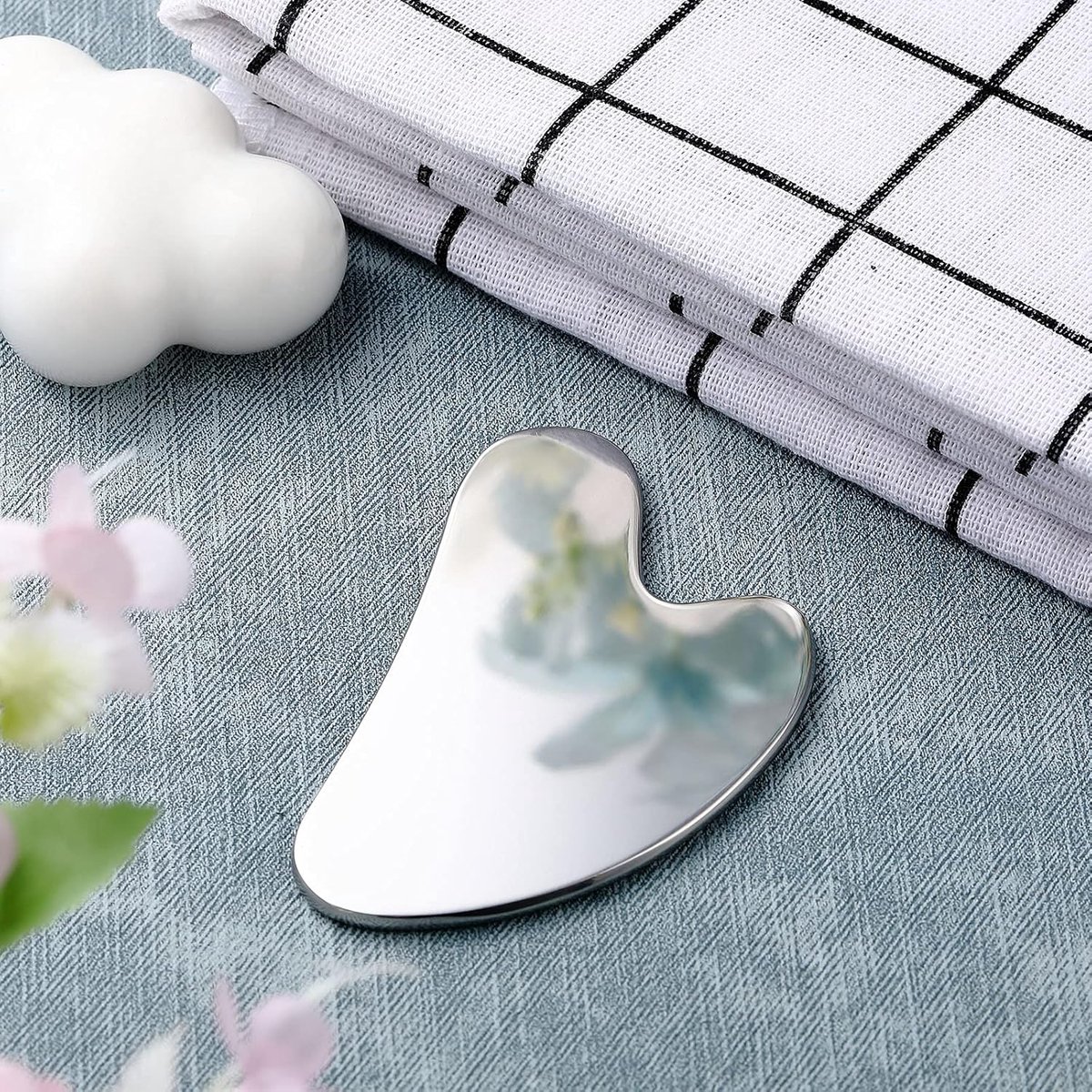 85*55mm - Stainless Steel Gua Sha Facial Instruments - Lymphatic Drainage Massage - Gua Sha for the Face - Metal Gua Sha - Skin Self-Care - Facial Sculpting Gua Sha - for the Body, Eyes, Jawline Shaper - with Dust Bag - Silver - Image 2