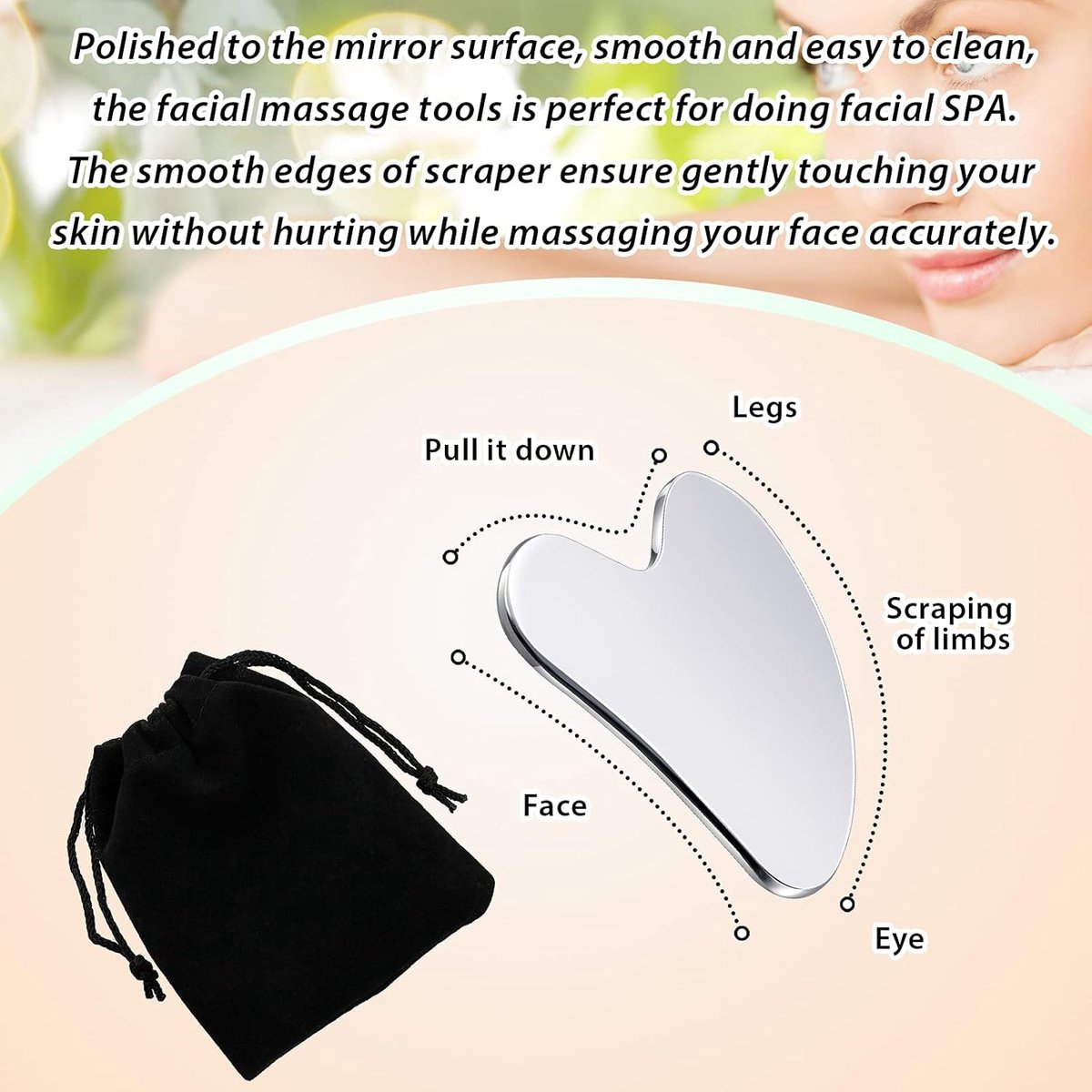 85*55mm - Stainless Steel Gua Sha Facial Instruments - Lymphatic Drainage Massage - Gua Sha for the Face - Metal Gua Sha - Skin Self-Care - Facial Sculpting Gua Sha - for the Body, Eyes, Jawline Shaper - with Dust Bag - Silver - Image 3