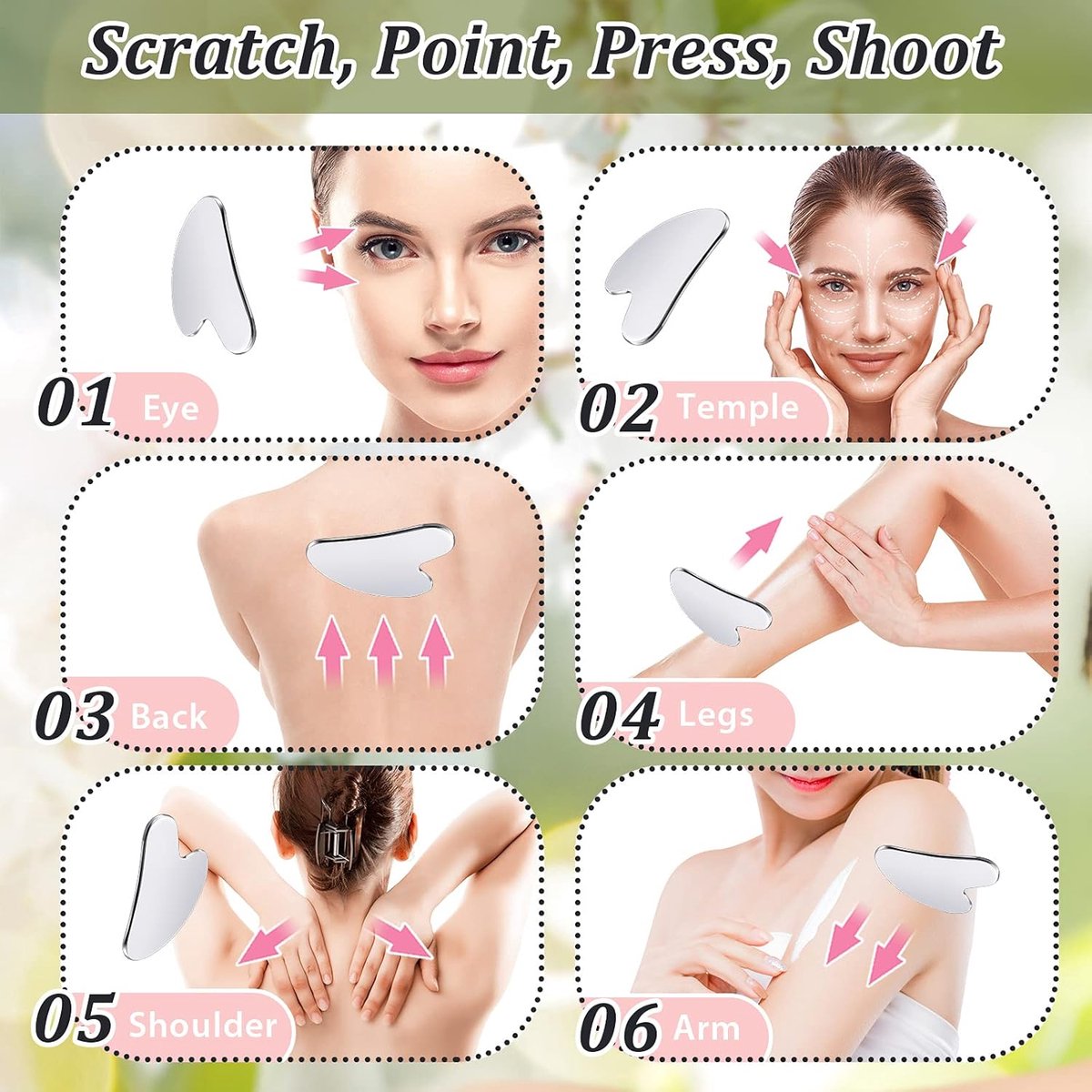 85*55mm - Stainless Steel Gua Sha Facial Instruments - Lymphatic Drainage Massage - Gua Sha for the Face - Metal Gua Sha - Skin Self-Care - Facial Sculpting Gua Sha - for the Body, Eyes, Jawline Shaper - with Dust Bag - Silver - Image 6