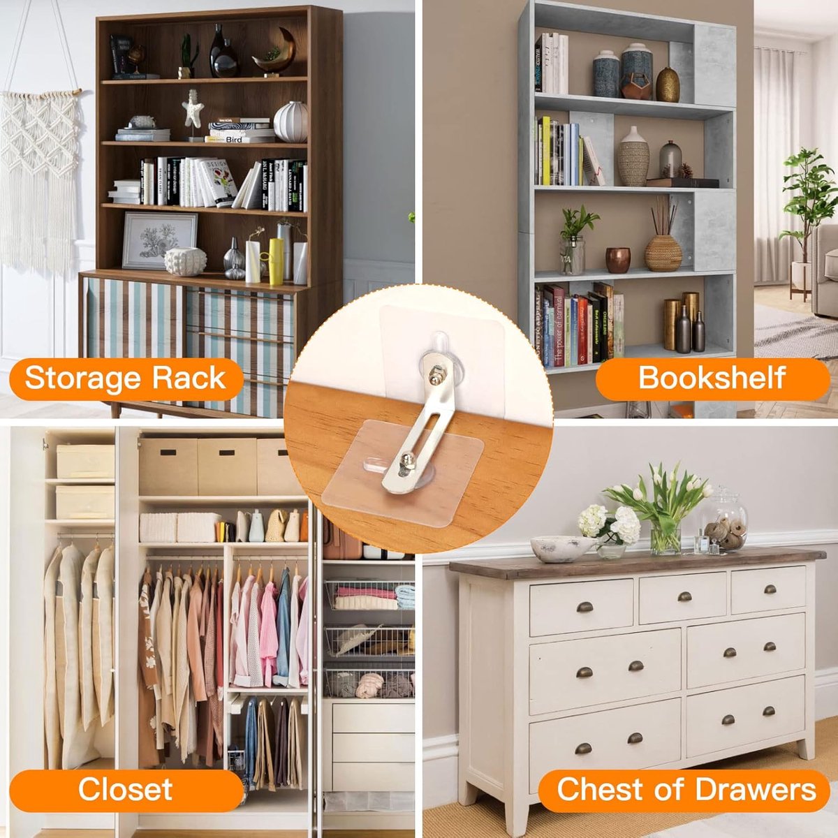 10 Pack Furniture Wall Anchors - Furniture Safety Anchors - Self-Adhesive - Anti-Tip Anchor Set - Falling Furniture Prevention - No Drilling - Safety Metal Bracket - Protect Baby & Pet - for Attaching Bookcase, Cabinet, Dresser - Image 4