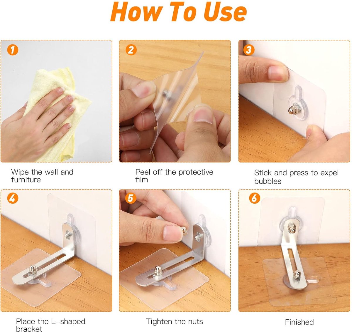 10 Pack Furniture Wall Anchors - Furniture Safety Anchors - Self-Adhesive - Anti-Tip Anchor Set - Falling Furniture Prevention - No Drilling - Safety Metal Bracket - Protect Baby & Pet - for Attaching Bookcase, Cabinet, Dresser - Image 6