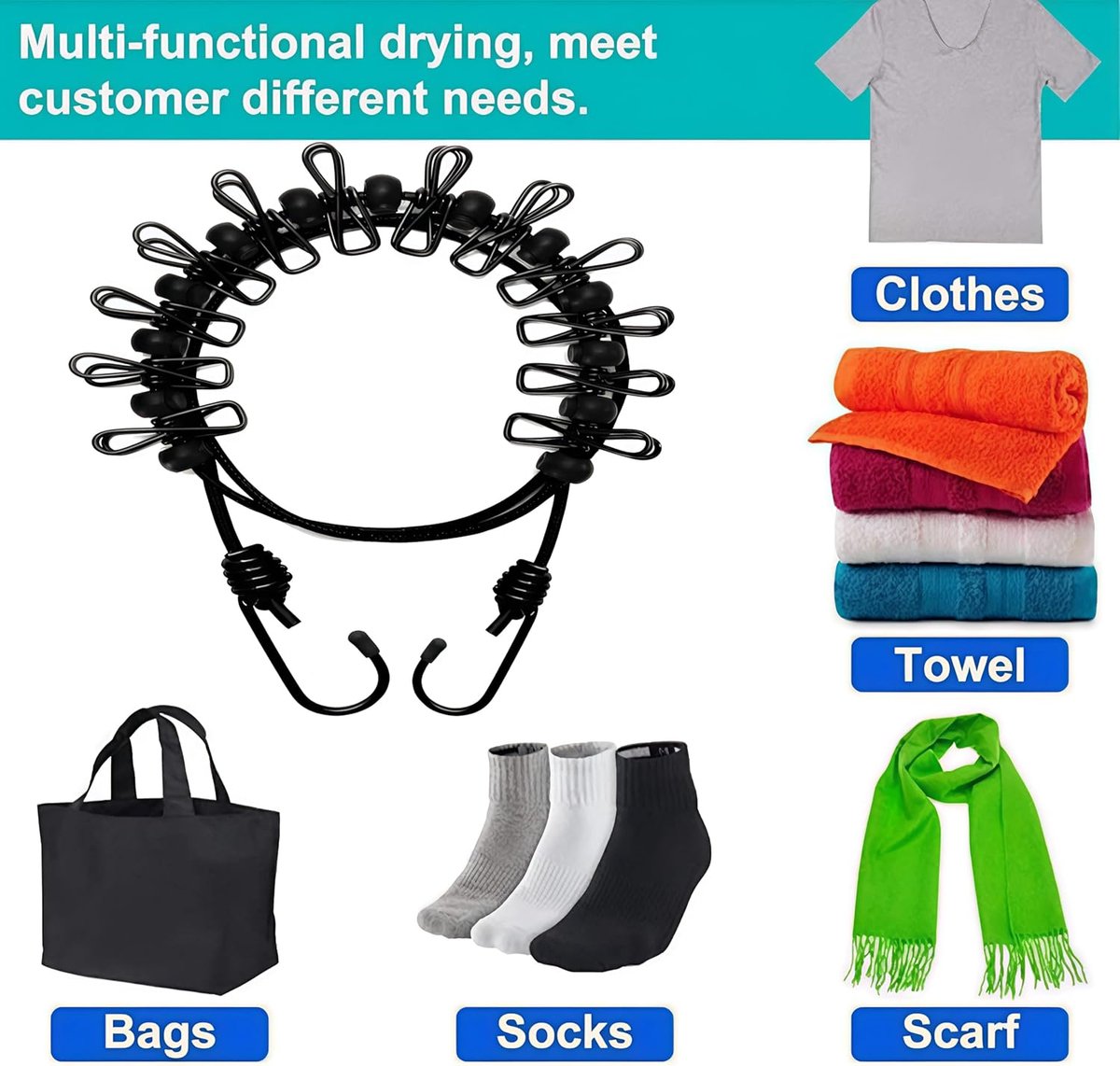 1 Pack 1.8M Portable Clothesline with 12 Clothespins - Clothesline Wire - Travel Clothesline - Drying Lines - Camping Clothesline - Stretchable Retractable Elastic Clothesline - Clothesline - Clothesline for Backyard, Vacation Hotel, Balcony Clothes Dryin - Image 4