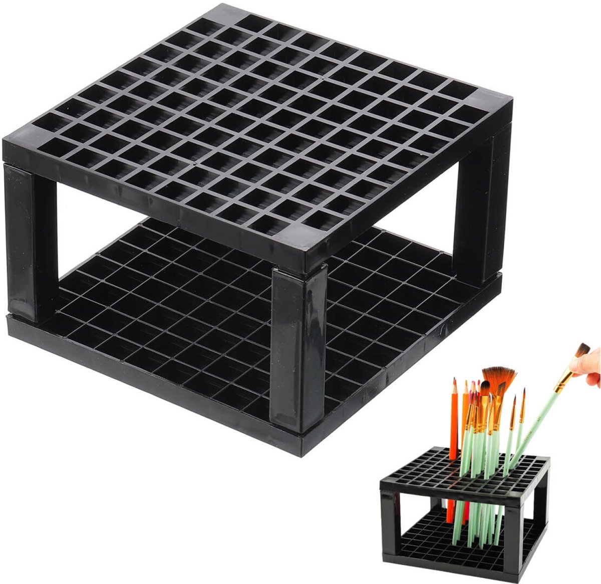 96-hole - Pen tray - Pen holder - Pencil holder - Brush holder - Plastic desk organizer stand - Makeup brush holder - Art supplies - Organizer - Modeling tools - for pencils, art brushes, pens, paintbrushes, office - black - Image 1