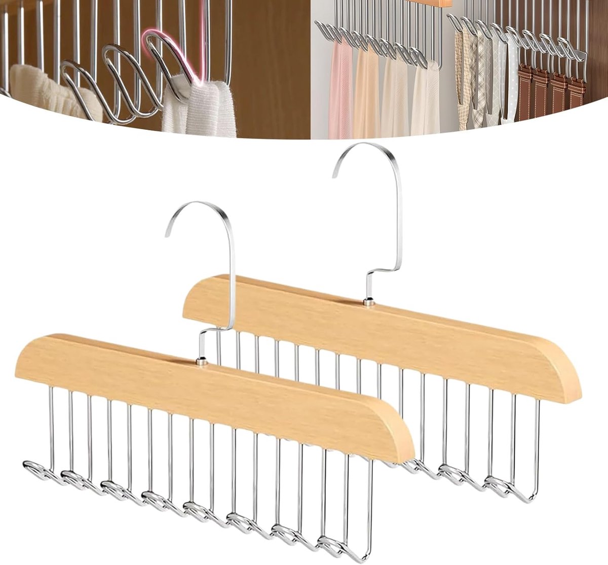 2 pieces - Clothes hanger - belt holders - scarf rack - bra holders - tie hangers for the closet - wooden bra hangers - with 8 hooks - 360° rotatable tank top hangers - closet accessory - for the closet - for belt, tie, tank top, bra, scarf - 28 cm - Image 1