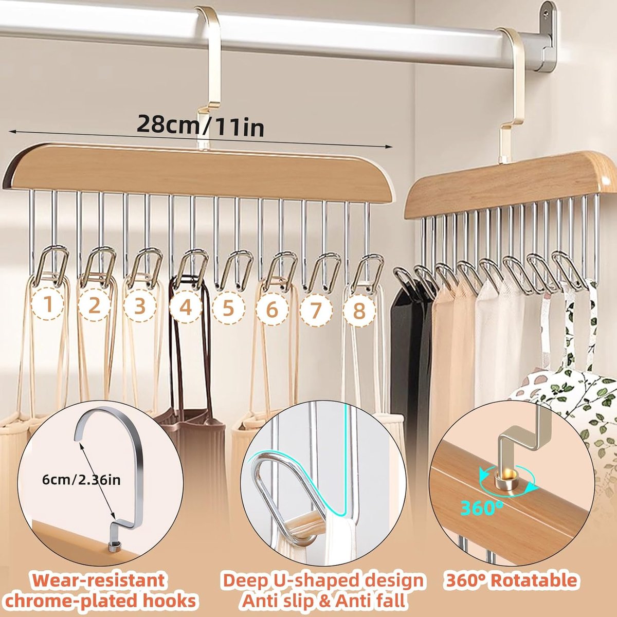 2 pieces - Clothes hanger - belt holders - scarf rack - bra holders - tie hangers for the closet - wooden bra hangers - with 8 hooks - 360° rotatable tank top hangers - closet accessory - for the closet - for belt, tie, tank top, bra, scarf - 28 cm - Image 2