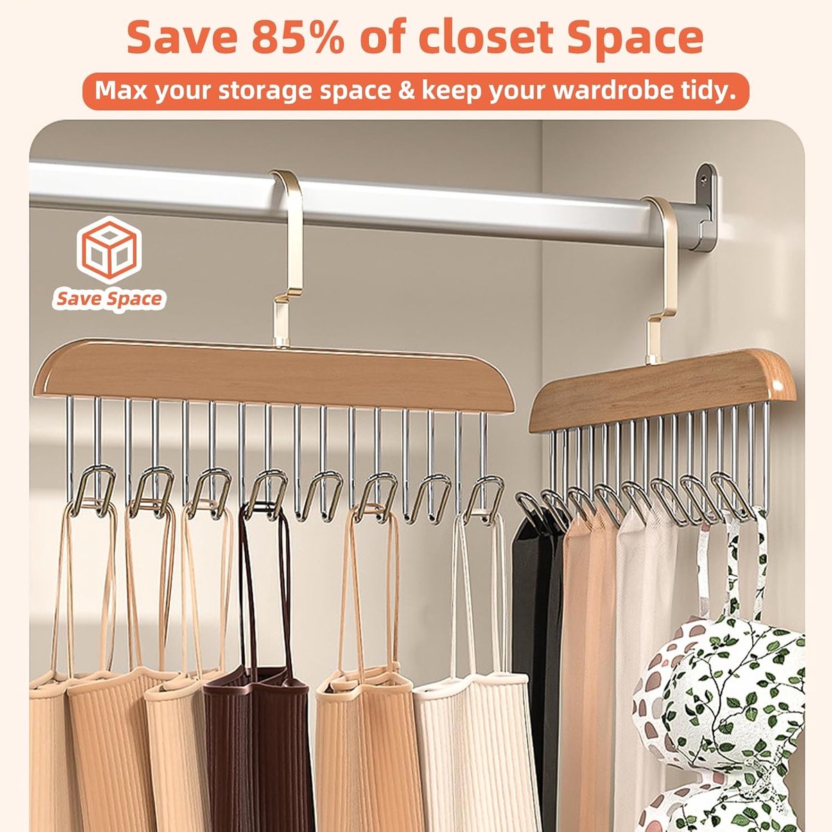 2 pieces - Clothes hanger - belt holders - scarf rack - bra holders - tie hangers for the closet - wooden bra hangers - with 8 hooks - 360° rotatable tank top hangers - closet accessory - for the closet - for belt, tie, tank top, bra, scarf - 28 cm - Image 3