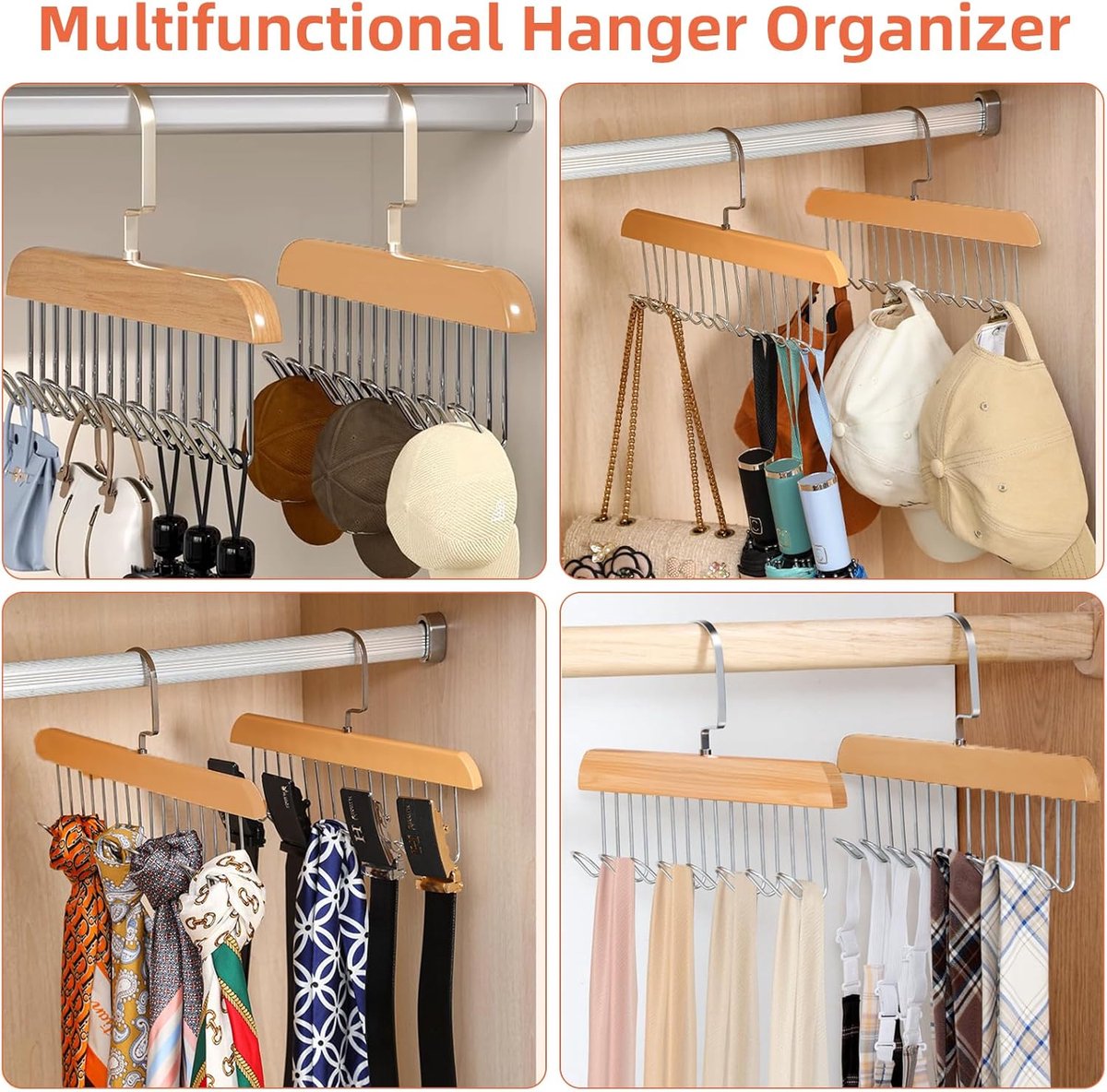2 pieces - Clothes hanger - belt holders - scarf rack - bra holders - tie hangers for the closet - wooden bra hangers - with 8 hooks - 360° rotatable tank top hangers - closet accessory - for the closet - for belt, tie, tank top, bra, scarf - 28 cm - Image 4