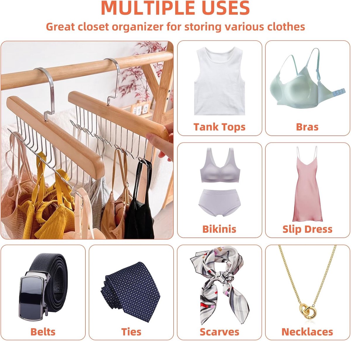 2 pieces - Clothes hanger - belt holders - scarf rack - bra holders - tie hangers for the closet - wooden bra hangers - with 8 hooks - 360° rotatable tank top hangers - closet accessory - for the closet - for belt, tie, tank top, bra, scarf - 28 cm - Image 6