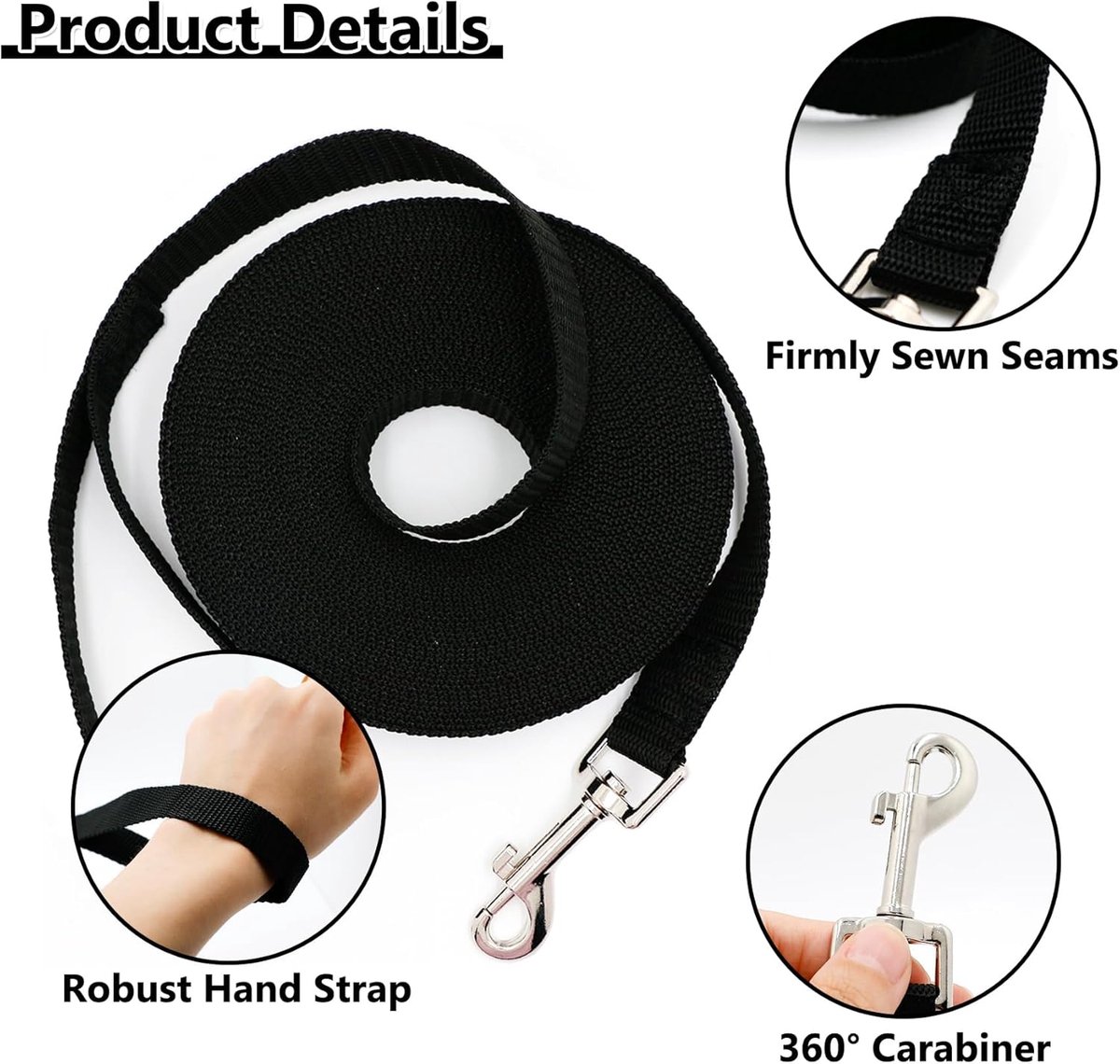 20m*2cm - Dog Leash - Dog Training Leash - Pet Leash - Waterproof - With wrist strap and 360° carabiner - long leash - leash - robust - Pet Supplies - for medium and large dogs - for obedience training - black - Image 6