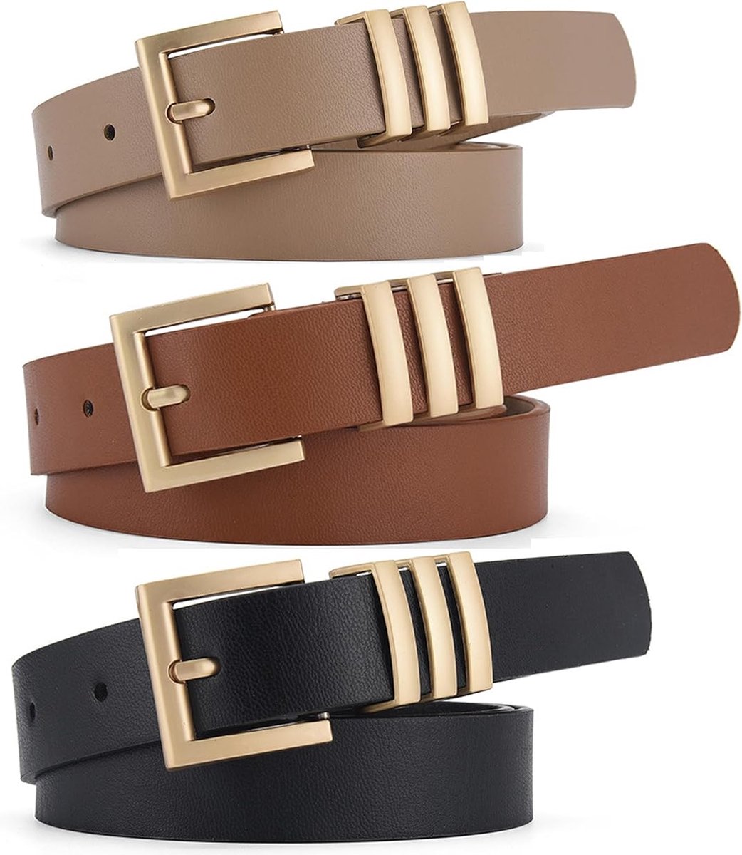 3 pieces - belt - women's belt - elegant simple belt - waist belt for jeans - belt with round buckle - retro women's belts with gold buckle - for jeans , clothing , casual decoration - black , brown , khaki - 105*2.4 cm - Image 1