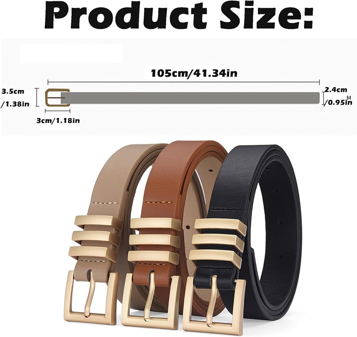 3 pieces - belt - women's belt - elegant simple belt - waist belt for jeans - belt with round buckle - retro women's belts with gold buckle - for jeans , clothing , casual decoration - black , brown , khaki - 105*2.4 cm - Image 2