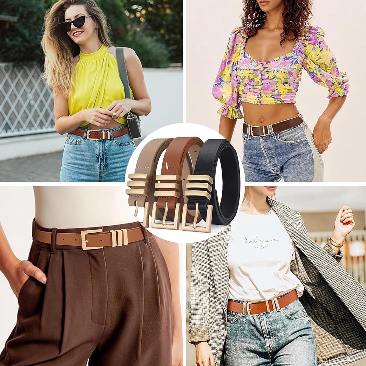 3 pieces - belt - women's belt - elegant simple belt - waist belt for jeans - belt with round buckle - retro women's belts with gold buckle - for jeans , clothing , casual decoration - black , brown , khaki - 105*2.4 cm - Image 3
