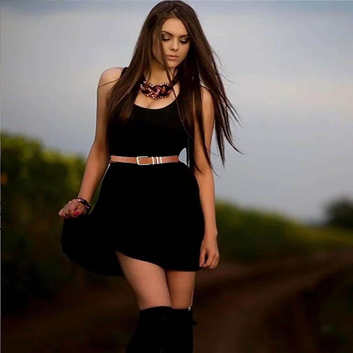 3 pieces - belt - women's belt - elegant simple belt - waist belt for jeans - belt with round buckle - retro women's belts with gold buckle - for jeans , clothing , casual decoration - black , brown , khaki - 105*2.4 cm - Image 4