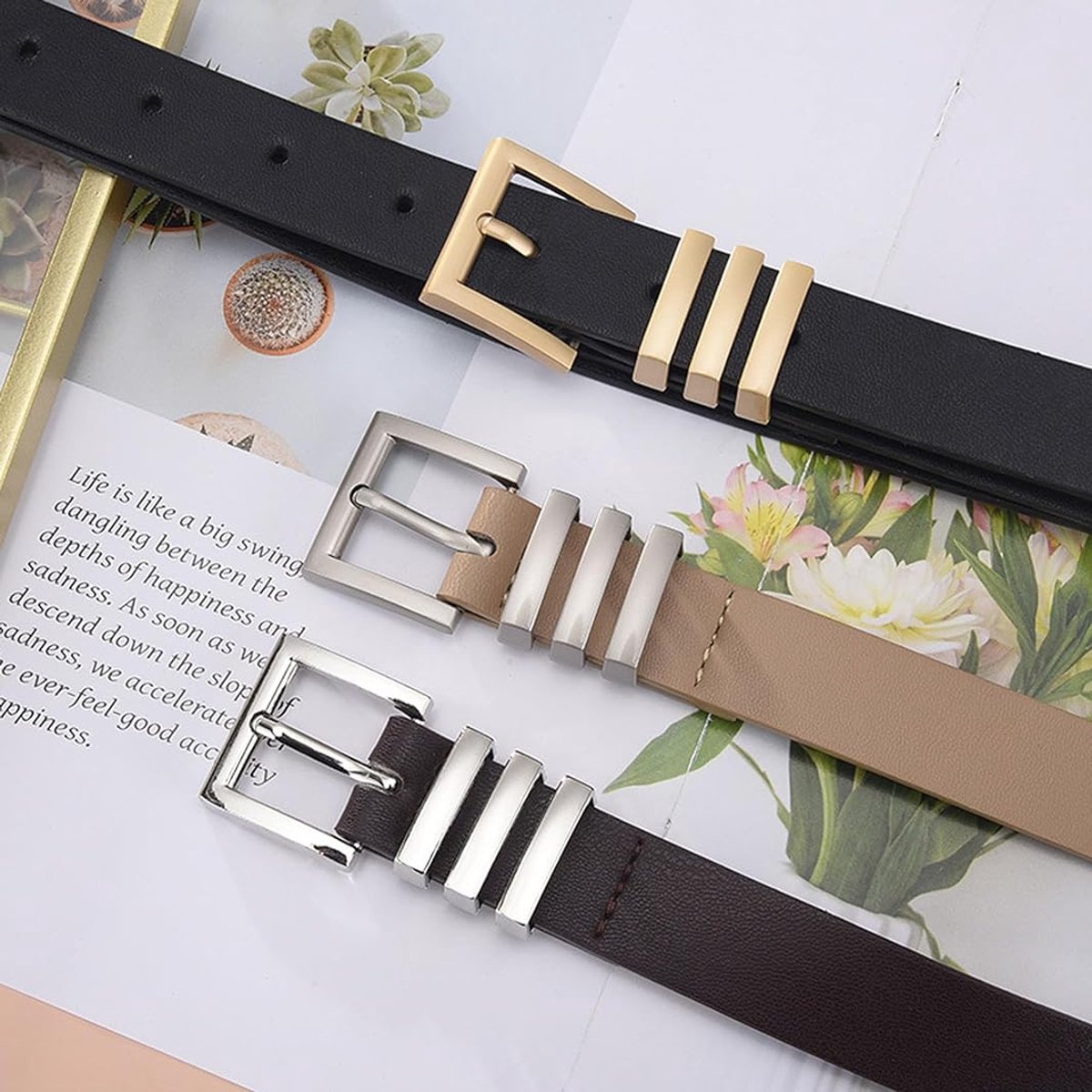 3 pieces - belt - women's belt - elegant simple belt - waist belt for jeans - belt with round buckle - retro women's belts with gold buckle - for jeans , clothing , casual decoration - black , brown , khaki - 105*2.4 cm - Image 5