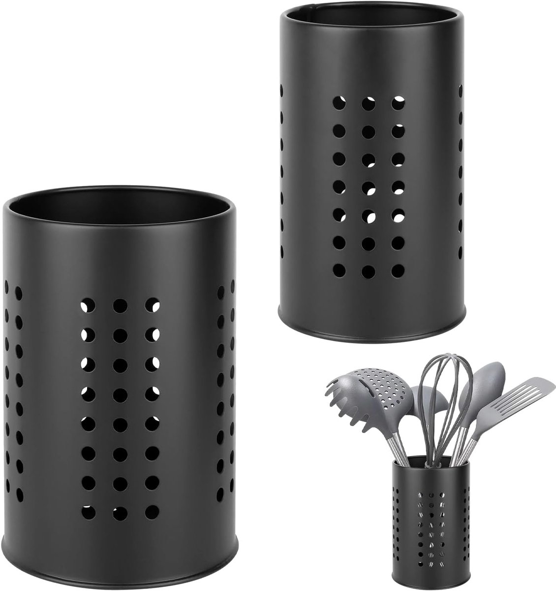 2 pieces - 18*12cm and 16.5*10cm - kitchen tool holder - stainless steel cutlery basket - tableware storage - drain rack - cutlery box - for organizing drawers and countertops - for kitchens - black - Image 1