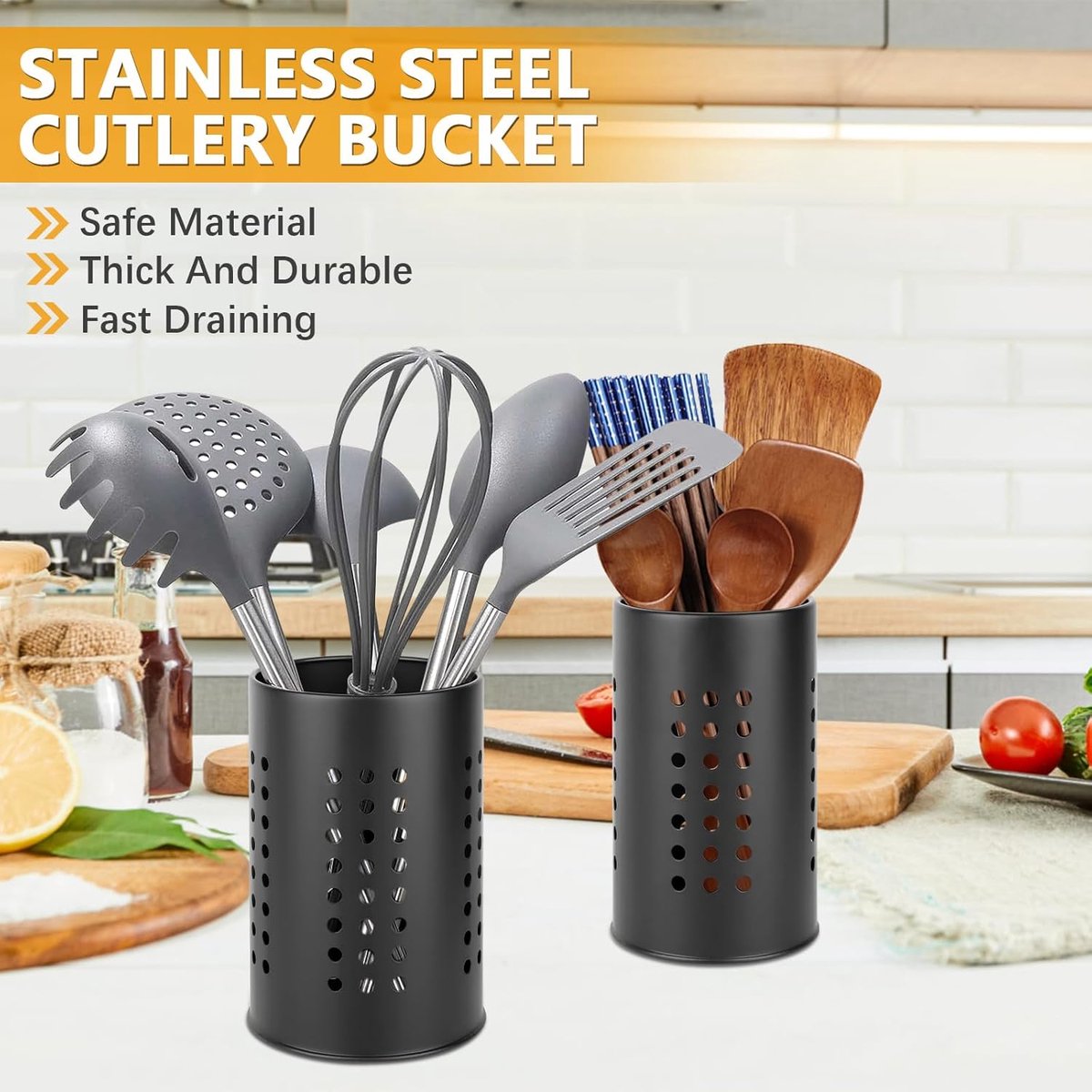 2 pieces - 18*12cm and 16.5*10cm - kitchen tool holder - stainless steel cutlery basket - tableware storage - drain rack - cutlery box - for organizing drawers and countertops - for kitchens - black - Image 2