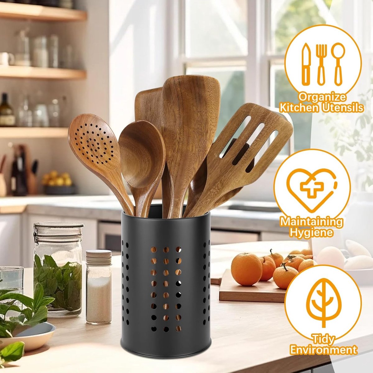2 pieces - 18*12cm and 16.5*10cm - kitchen tool holder - stainless steel cutlery basket - tableware storage - drain rack - cutlery box - for organizing drawers and countertops - for kitchens - black - Image 4