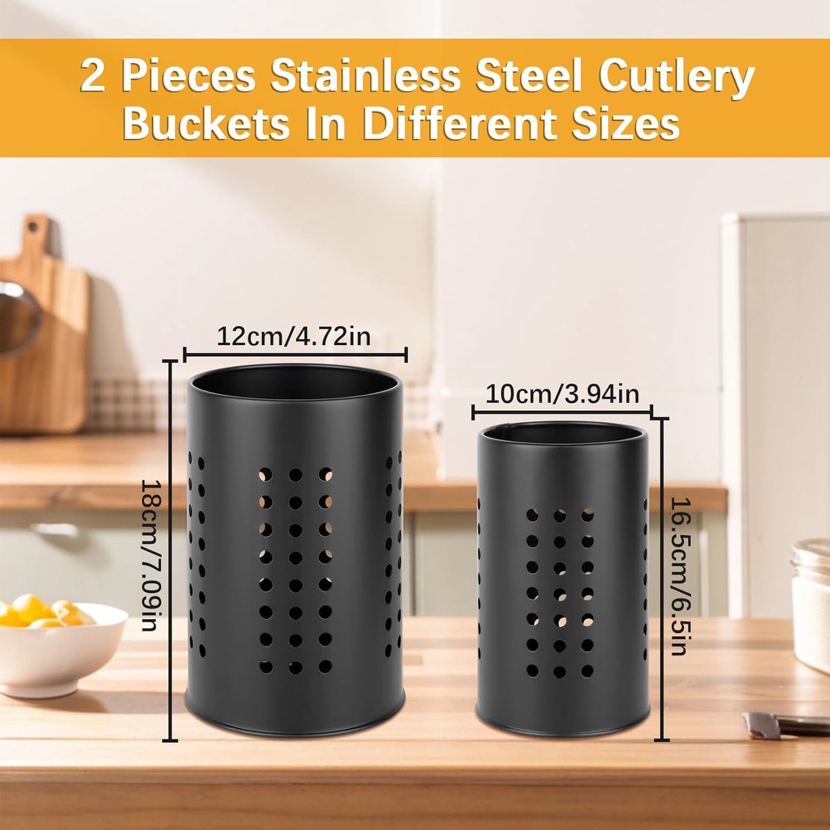 2 pieces - 18*12cm and 16.5*10cm - kitchen tool holder - stainless steel cutlery basket - tableware storage - drain rack - cutlery box - for organizing drawers and countertops - for kitchens - black - Image 5