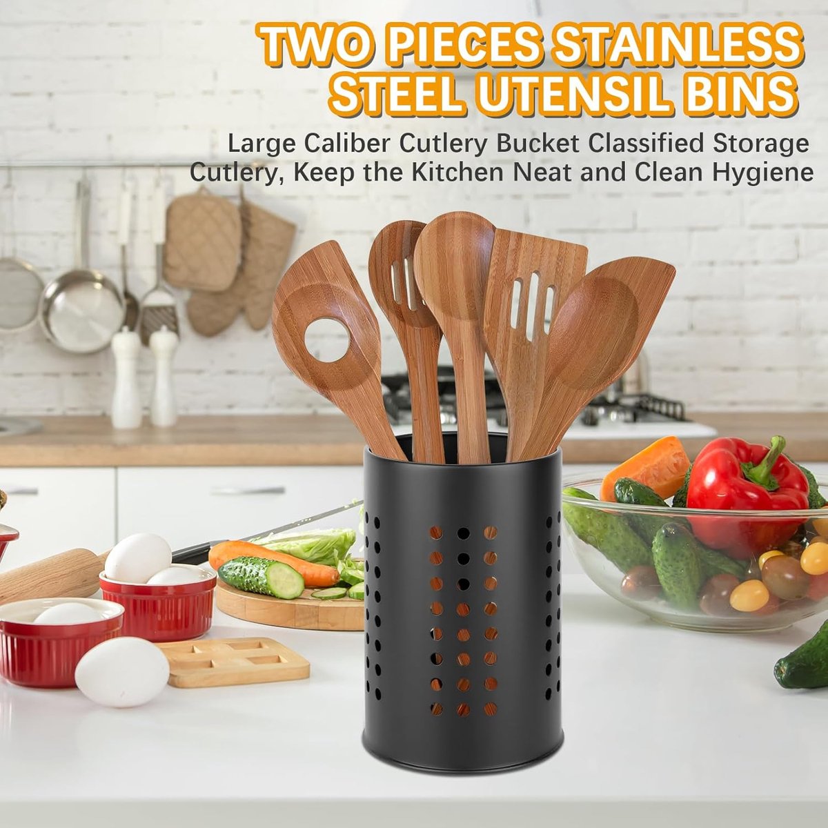 2 pieces - 18*12cm and 16.5*10cm - kitchen tool holder - stainless steel cutlery basket - tableware storage - drain rack - cutlery box - for organizing drawers and countertops - for kitchens - black - Image 6