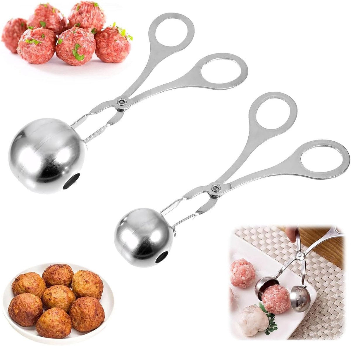 2 pieces - Meatball maker - Meatball tongs - Meatball mold - Meatball spoon - Tongs - Non-stick meatball tongs - Ice cream scoop - Clamp mold - Kitchen utensil - Diameter 3.5 cm, 4.5 cm - for making meatballs, ice cream, rice balls and fruit - silver - Image 1