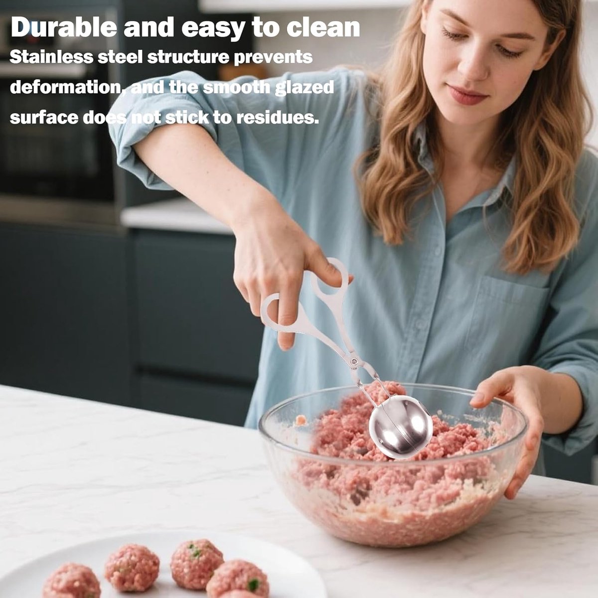 2 pieces - Meatball maker - Meatball tongs - Meatball mold - Meatball spoon - Tongs - Non-stick meatball tongs - Ice cream scoop - Clamp mold - Kitchen utensil - Diameter 3.5 cm, 4.5 cm - for making meatballs, ice cream, rice balls and fruit - silver - Image 2