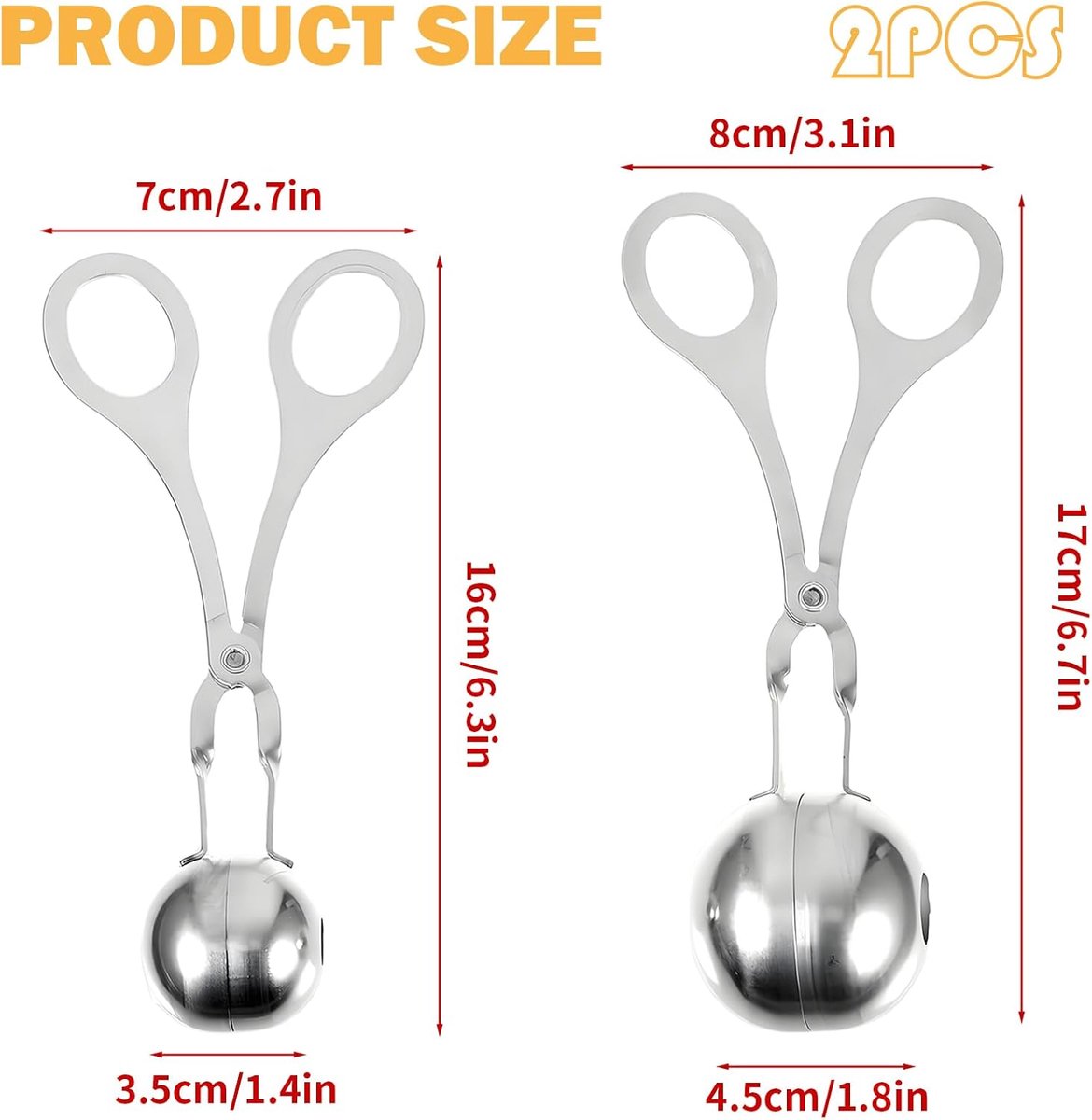 2 pieces - Meatball maker - Meatball tongs - Meatball mold - Meatball spoon - Tongs - Non-stick meatball tongs - Ice cream scoop - Clamp mold - Kitchen utensil - Diameter 3.5 cm, 4.5 cm - for making meatballs, ice cream, rice balls and fruit - silver - Image 5