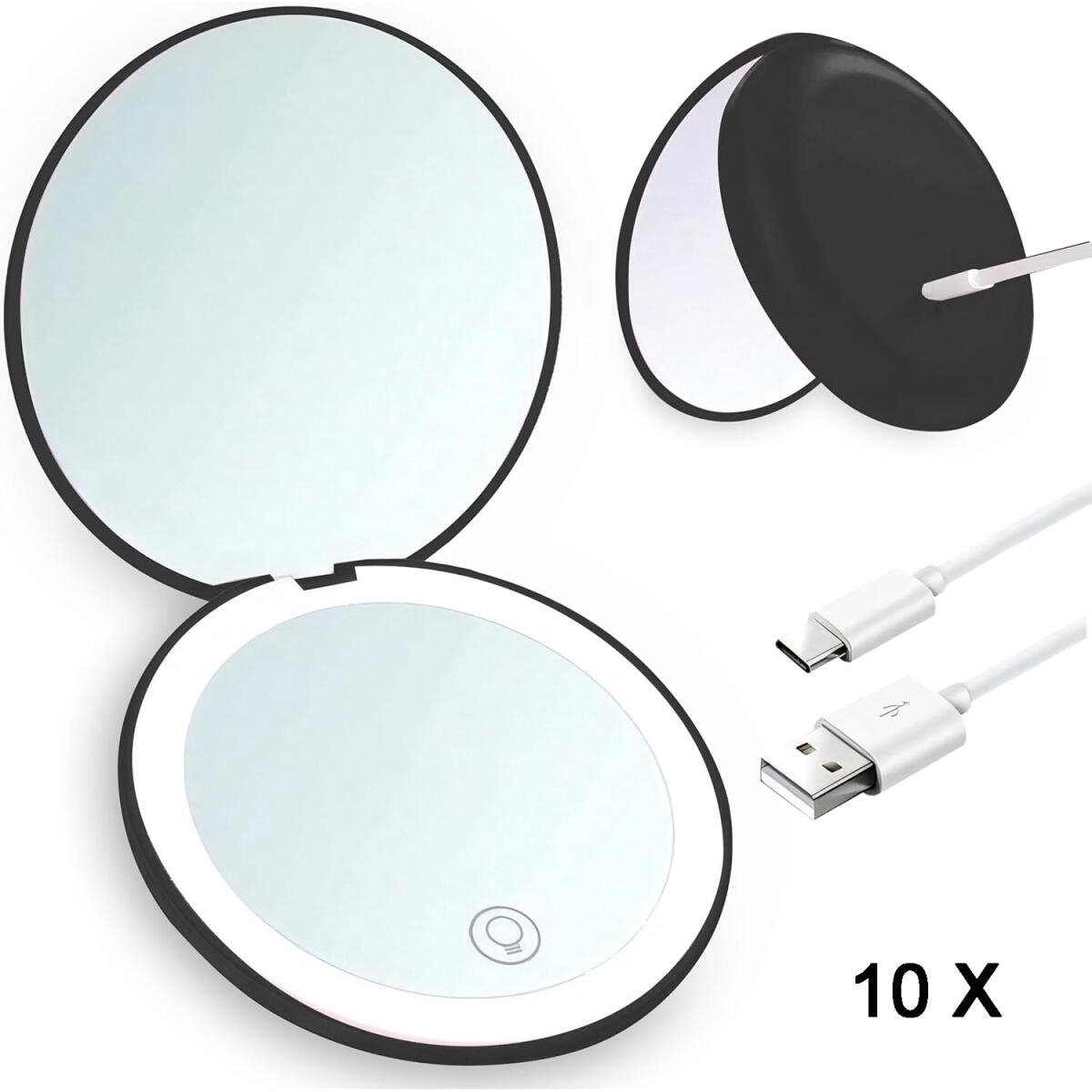 Makeup mirror - Illuminated compact mirror - rechargeable - 1x/10x magnifying makeup mirror - Mirror - portable travel makeup mirror - with natural daylight and LED lighting - small dimmable illuminated mirror - for handbag - 9*1.8 cm - black - Image 1