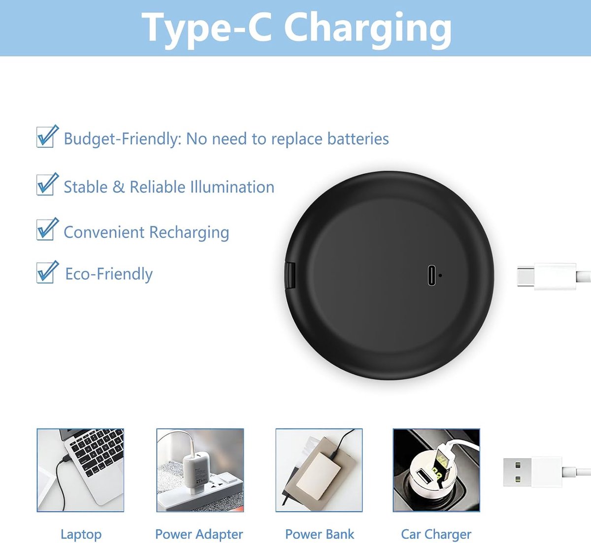 Makeup mirror - Illuminated compact mirror - rechargeable - 1x/10x magnifying makeup mirror - Mirror - portable travel makeup mirror - with natural daylight and LED lighting - small dimmable illuminated mirror - for handbag - 9*1.8 cm - black - Image 6