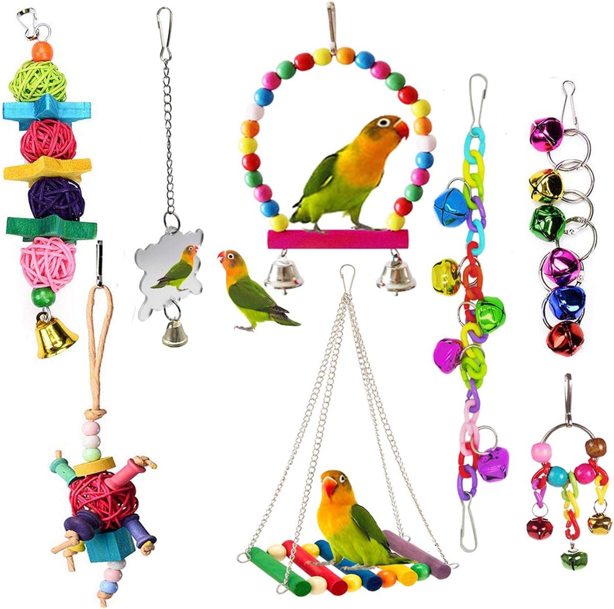 8 pieces - Bird toys - Parrot toys - Parrot swing set - Chew toys - Wooden bells Hanging toys - Pet toys - for Conures, Cockatiels, Lovebirds, Small parakeets, Budgies, Finches - Multicolor - Image 1
